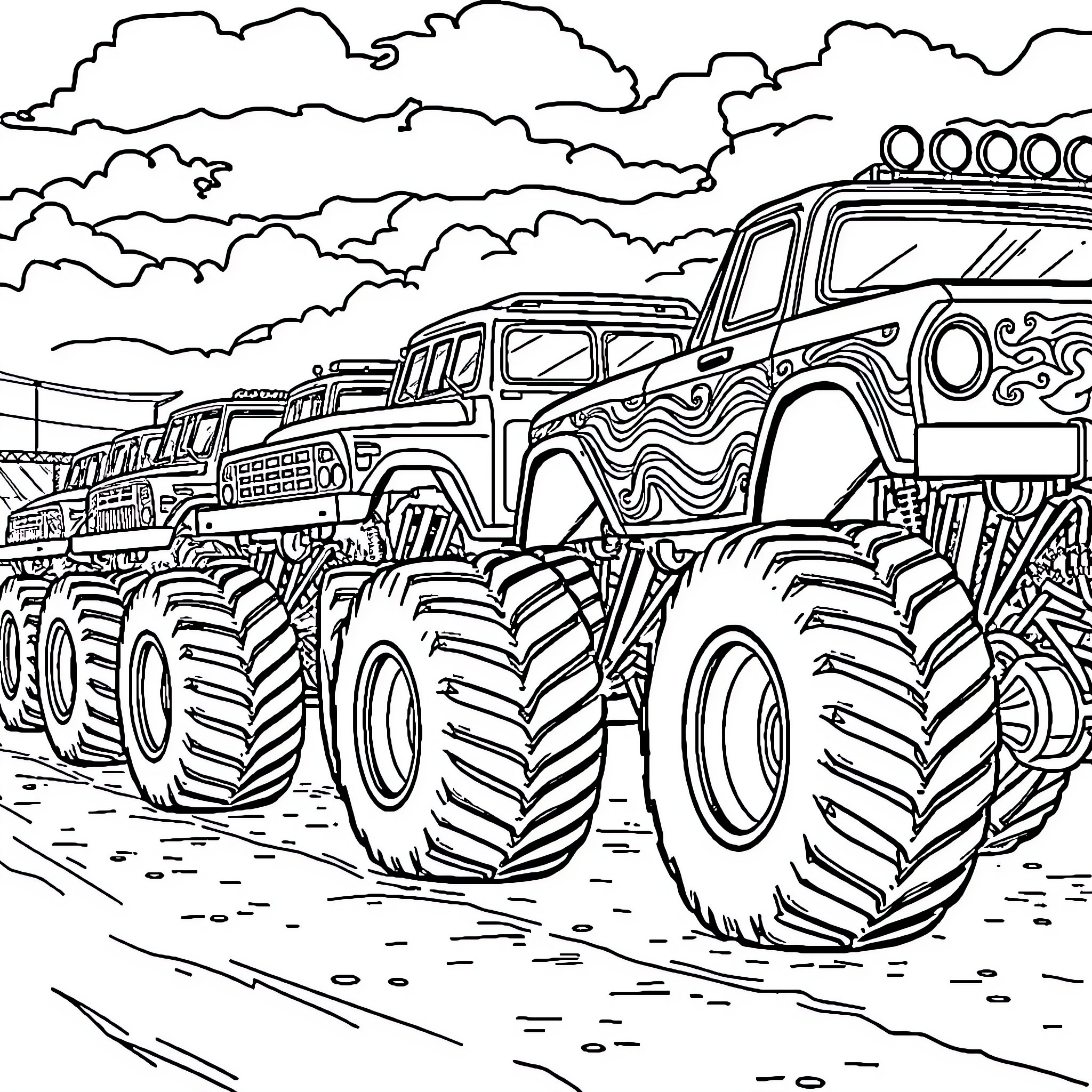Monster Trucks Gathered in Muddy Arena Coloring Page (free black-and-white line drawing printable PDF for all, from beginners to advanced learners, including children, teens, adults, and seniors)