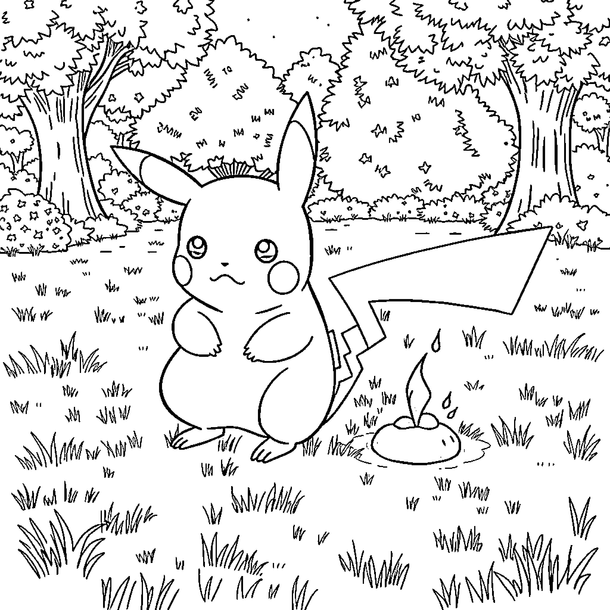 Pikachu resting peacefully in the forest Coloring Page (free black-and-white line drawing printable PDF for all, from beginners to advanced learners, including children, teens, adults, and seniors)