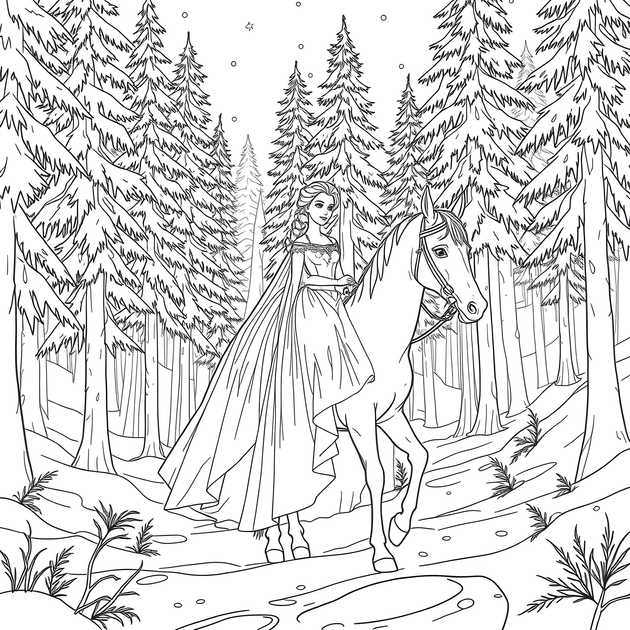 Elsa's Enchanted Winter Journey with Her Loyal Steed Coloring Page (free black-and-white line drawing printable PDF for all, from beginners to advanced learners, including children, teens, adults, and seniors)