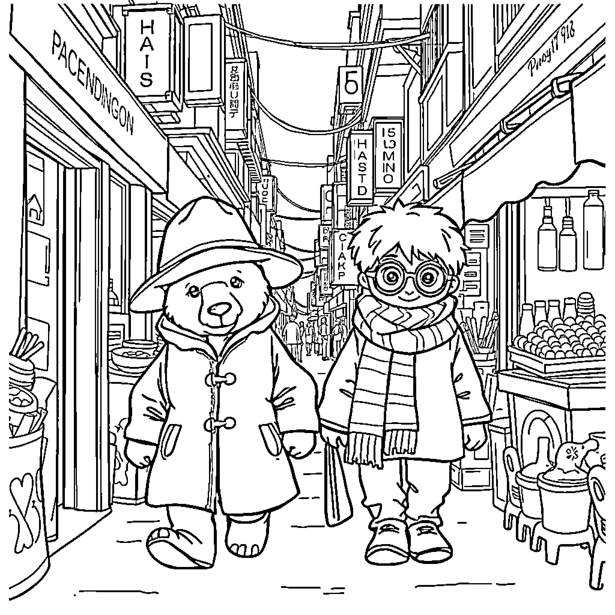 Paddington Bear and Friend Explore Bustling City Street Coloring Page (free black-and-white line drawing printable PDF for all, from beginners to advanced learners, including children, teens, adults, and seniors)