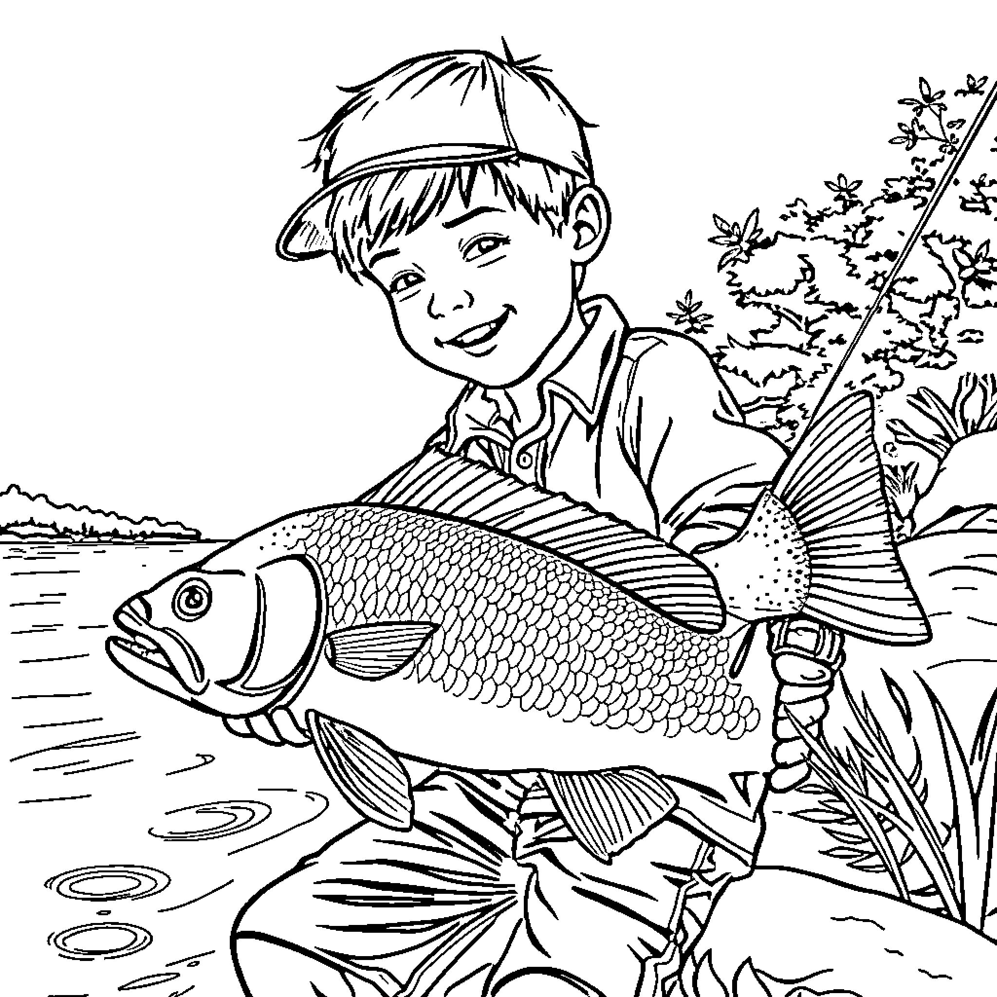 Boy Happily Fishing by the Lake Coloring Page (free black-and-white line drawing printable PDF for all, from beginners to advanced learners, including children, teens, adults, and seniors)