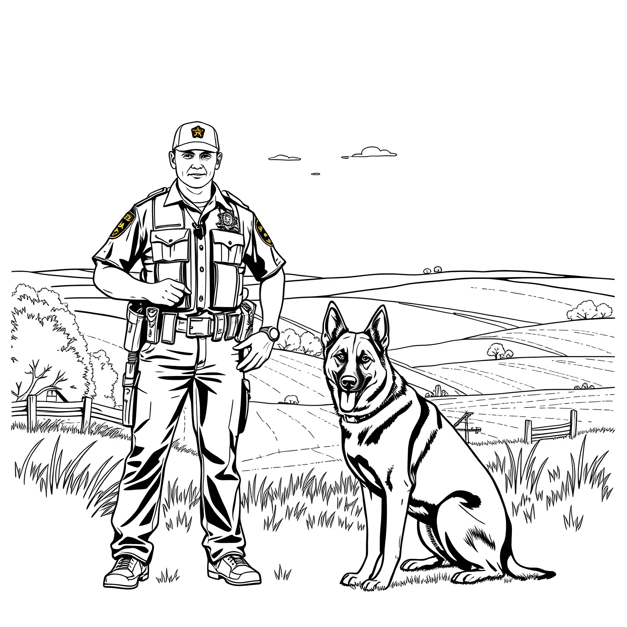 Sheriff Stands Alongside Loyal Canine Companion Coloring Page (free black-and-white line drawing printable PDF for all, from beginners to advanced learners, including children, teens, adults, and seniors)