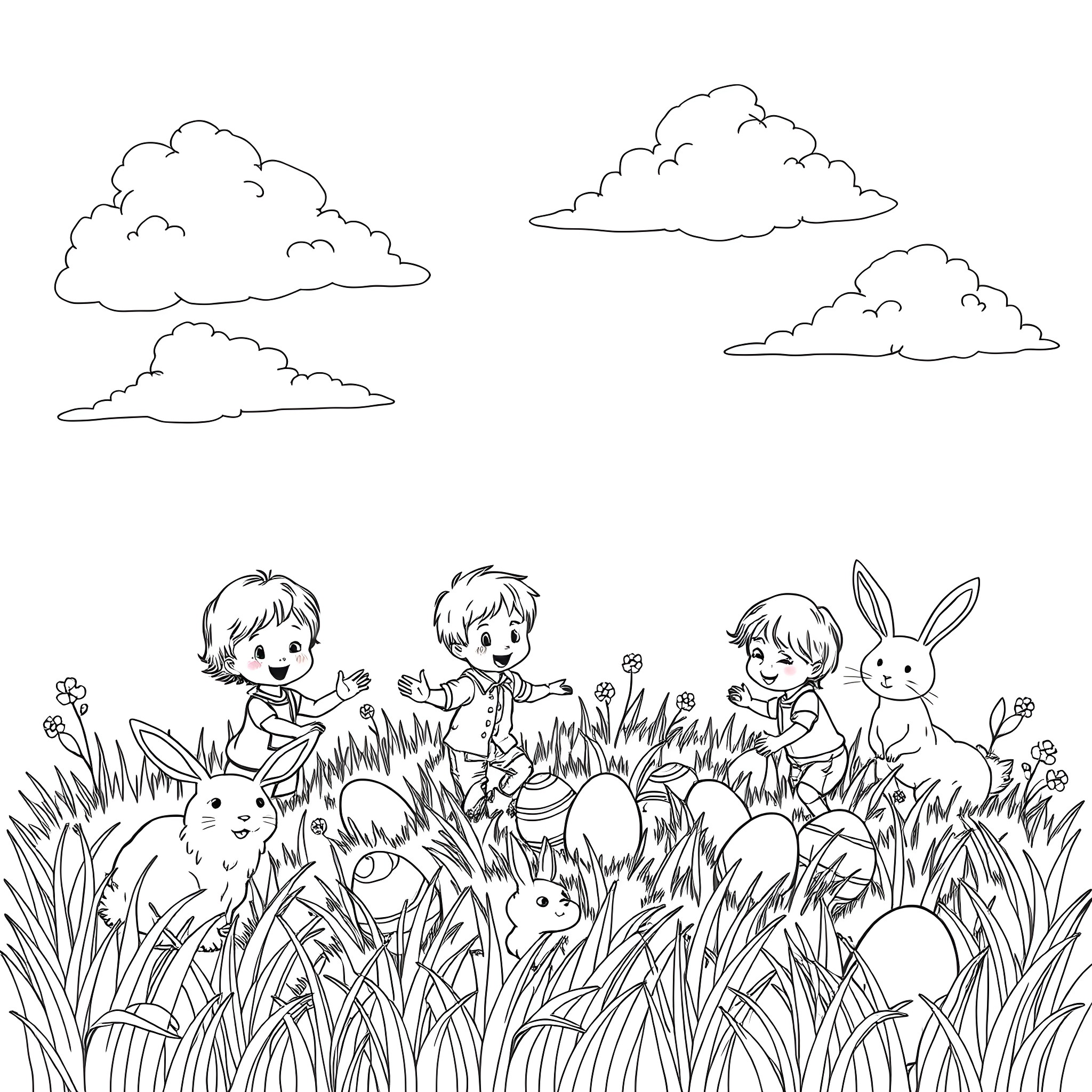 Easter Egg Hunt in a Grassy Field Coloring Page (free black-and-white line drawing printable PDF for all, from beginners to advanced learners, including children, teens, adults, and seniors)