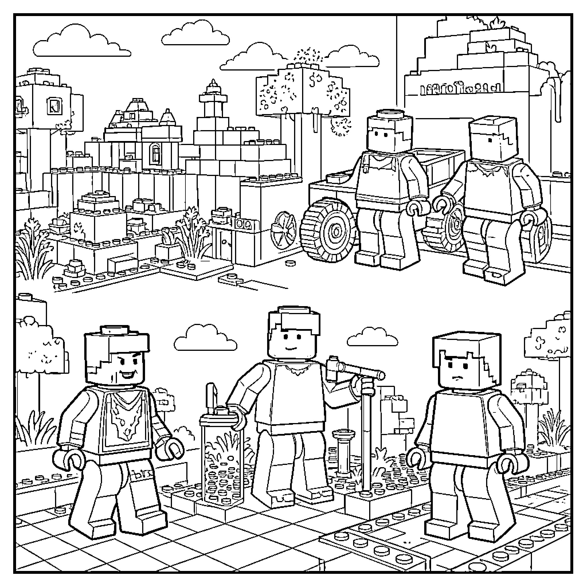 Minecraft characters exploring a city scene Coloring Page (free black-and-white line drawing printable PDF for all, from beginners to advanced learners, including children, teens, adults, and seniors)