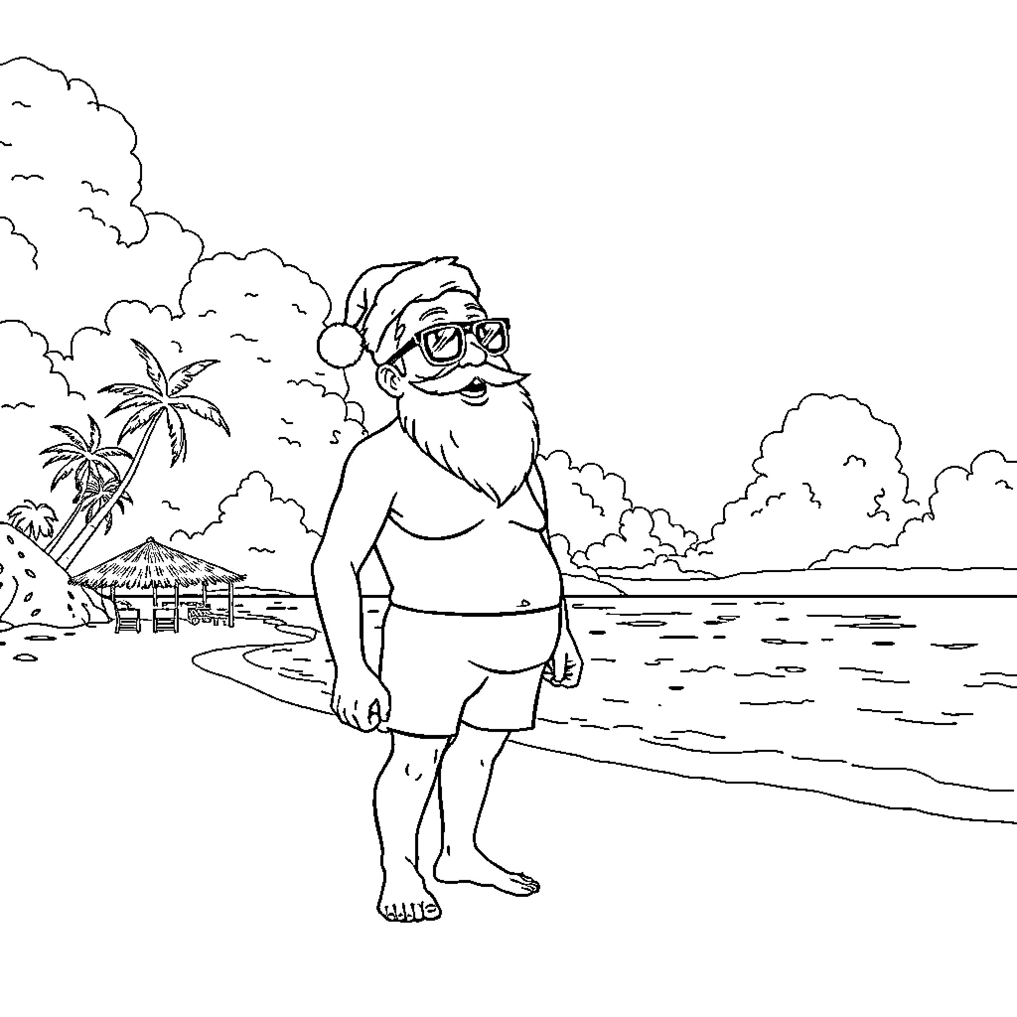 Santa enjoying the beach vacation Coloring Page (free black-and-white line drawing printable PDF for all, from beginners to advanced learners, including children, teens, adults, and seniors)