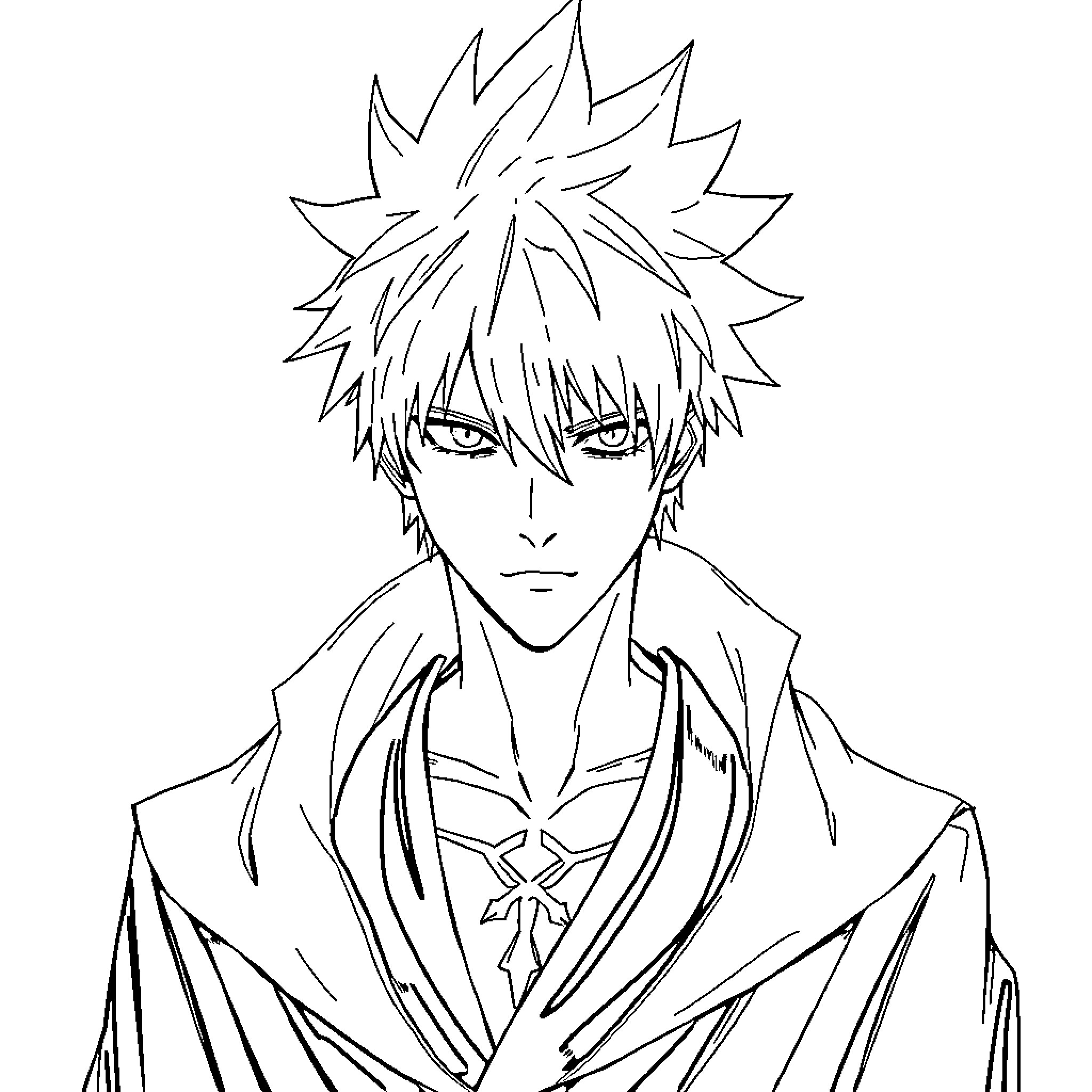 Ichigo in Dramatic Anime Pose Coloring Page (free black-and-white line drawing printable PDF for all, from beginners to advanced learners, including children, teens, adults, and seniors)