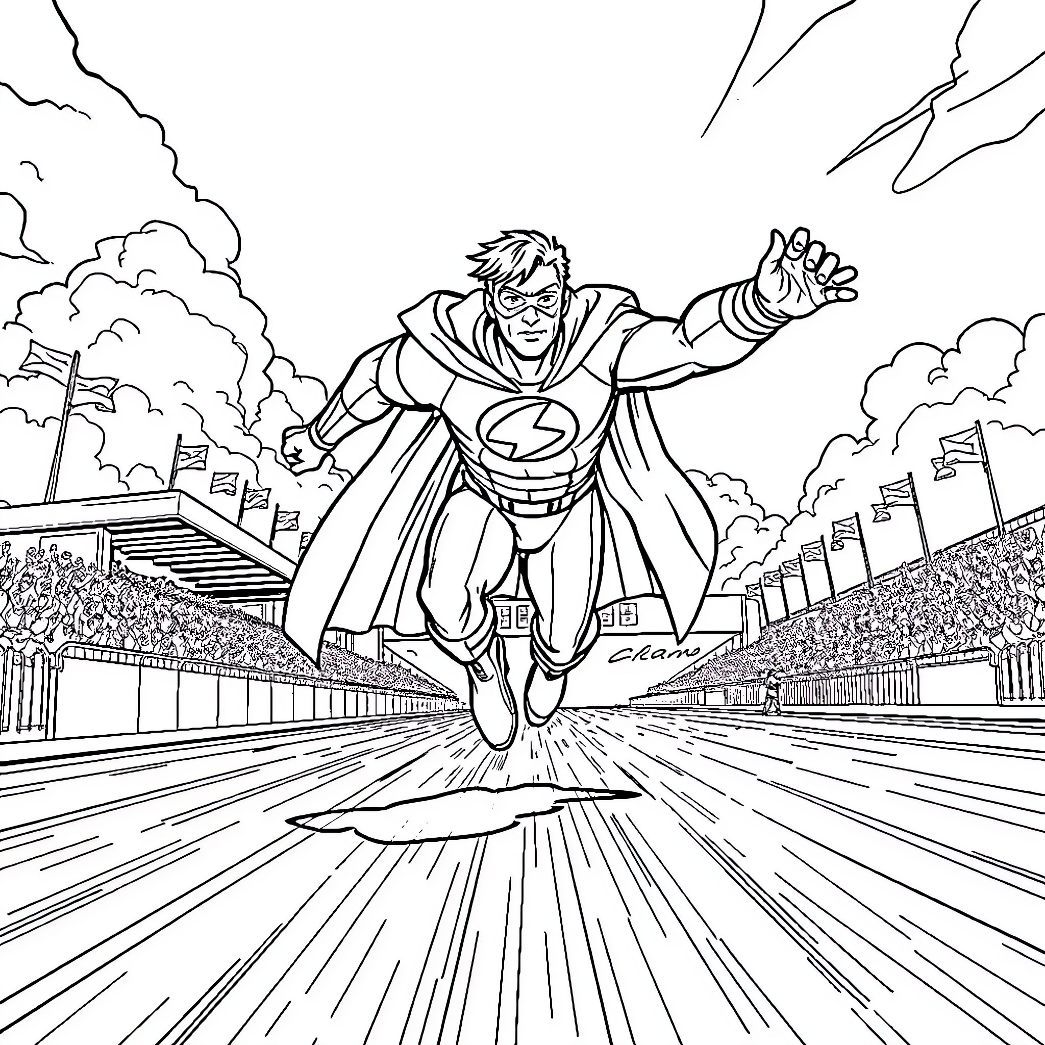 Super Hero speeding through the city Coloring Page (free black-and-white line drawing printable PDF for all, from beginners to advanced learners, including children, teens, adults, and seniors)
