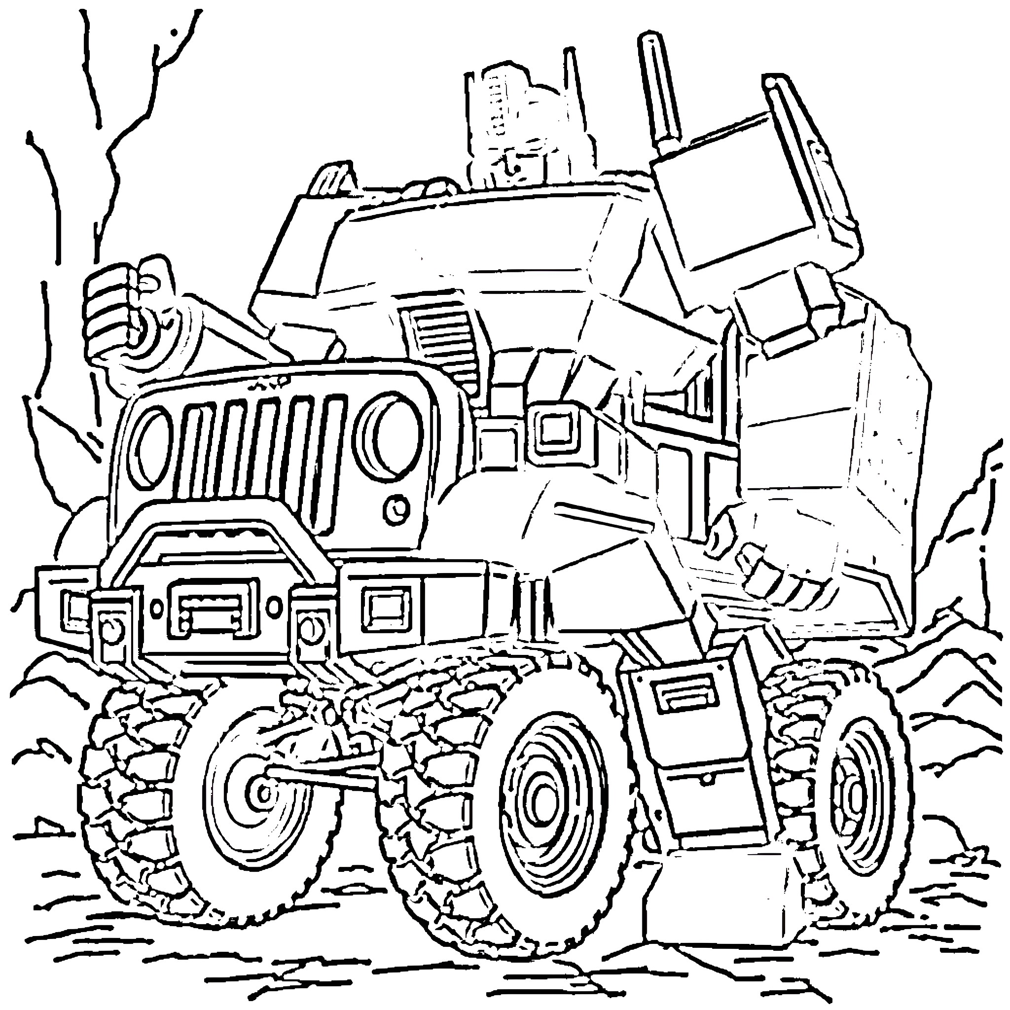Optimus Prime operating a powerful off-road vehicle Coloring Page (free black-and-white line drawing printable PDF for all, from beginners to advanced learners, including children, teens, adults, and seniors)