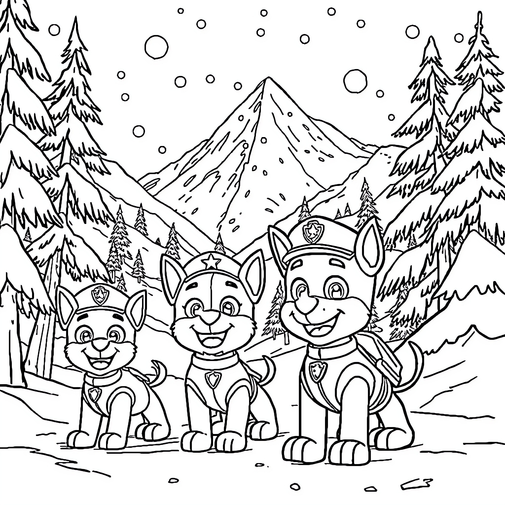 Paw Patrol characters in a snowy winter landscape Coloring Page (free black-and-white line drawing printable PDF for all, from beginners to advanced learners, including children, teens, adults, and seniors)