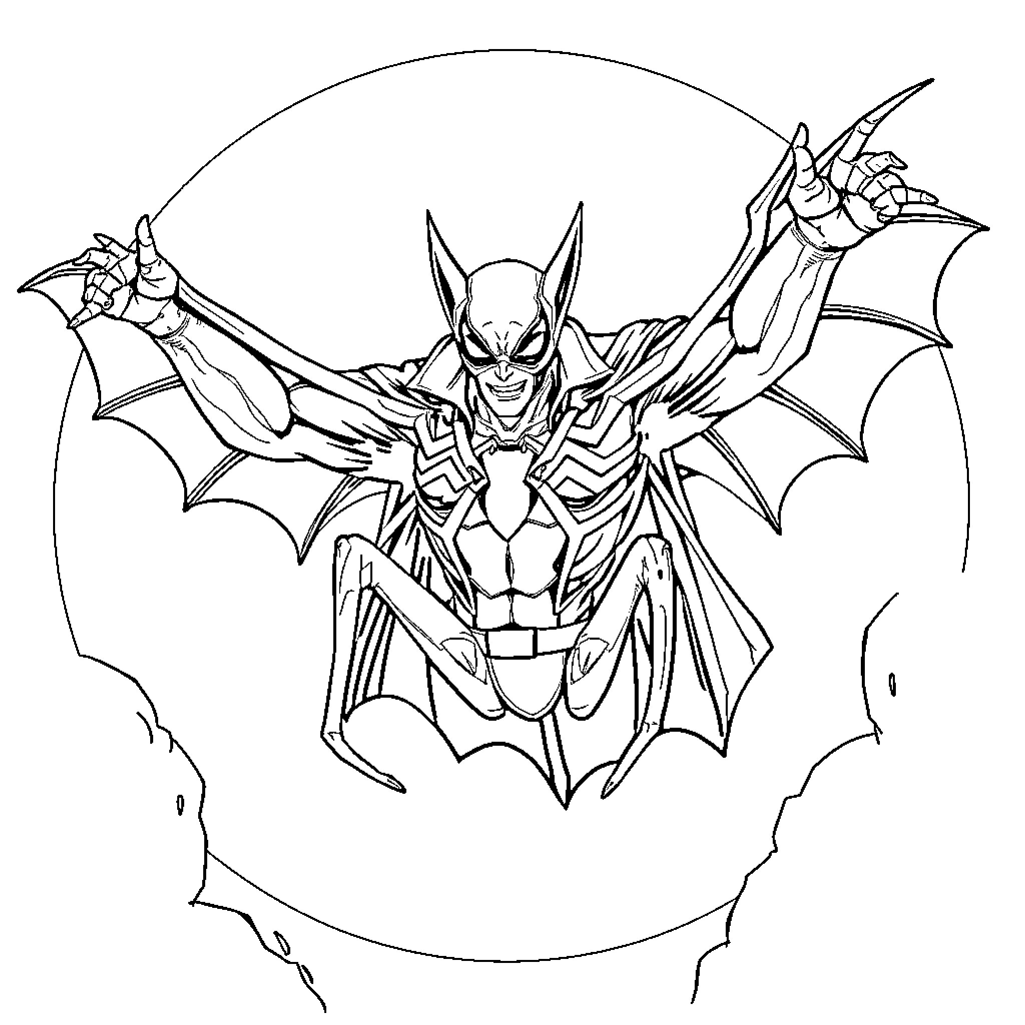 Spiderbat menacing pose with outstretched wings Coloring Page (free black-and-white line drawing printable PDF for all, from beginners to advanced learners, including children, teens, adults, and seniors)
