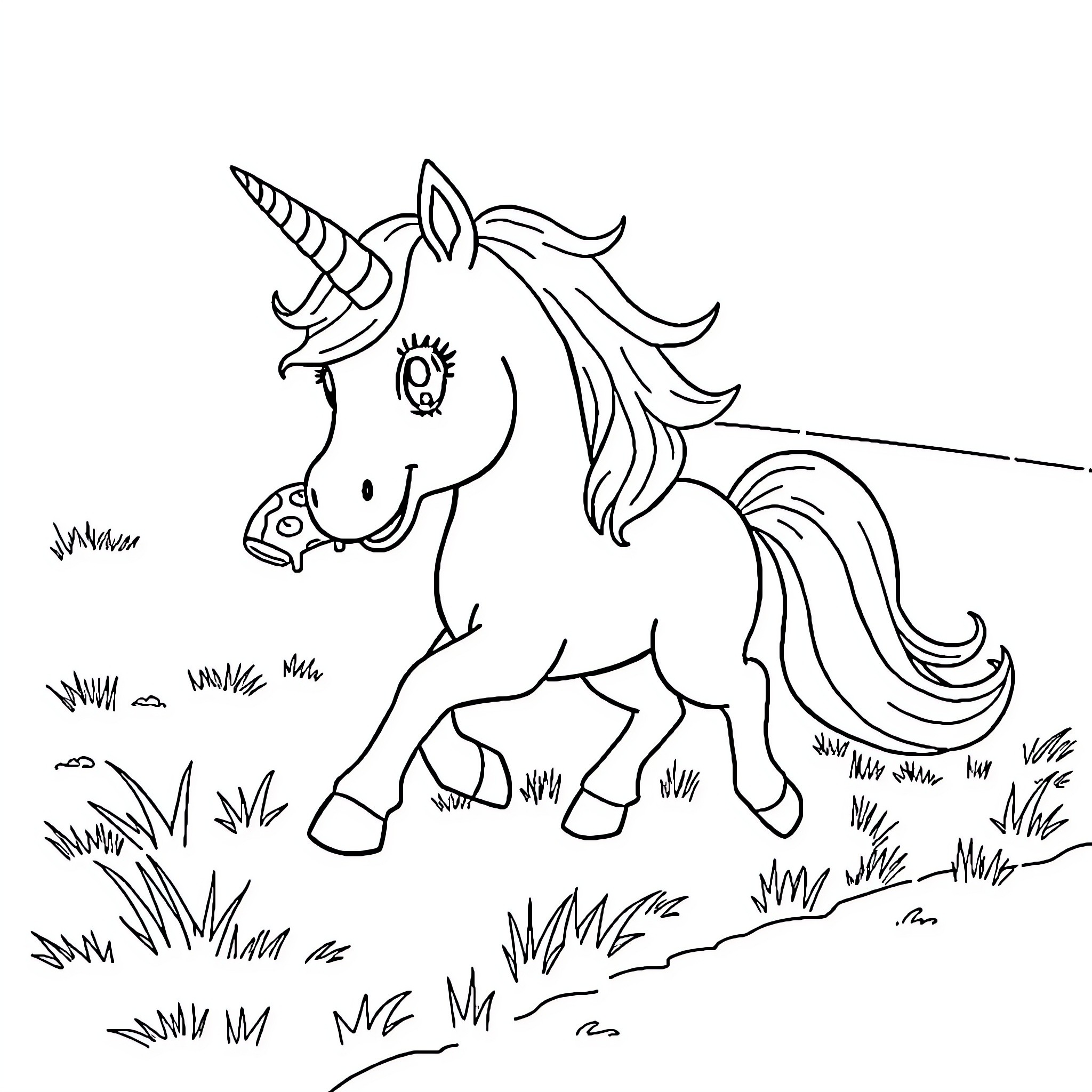 Unicorn galloping through the meadow Coloring Page (free black-and-white line drawing printable PDF for all, from beginners to advanced learners, including children, teens, adults, and seniors)
