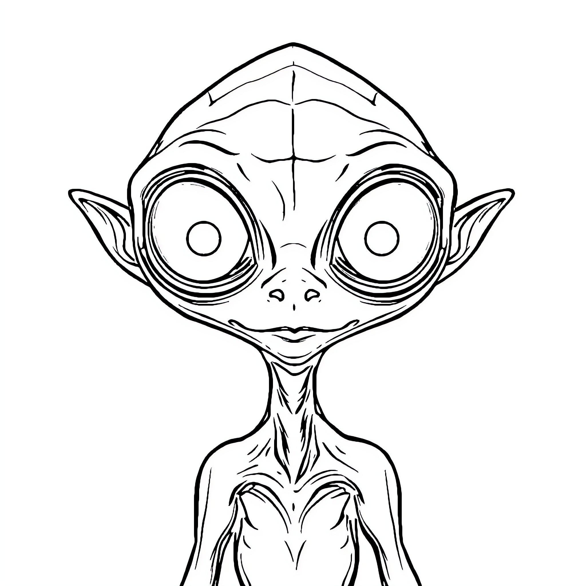 Alien Creature with Unique Facial Features Coloring Page (free black-and-white line drawing printable PDF for all, from beginners to advanced learners, including children, teens, adults, and seniors)
