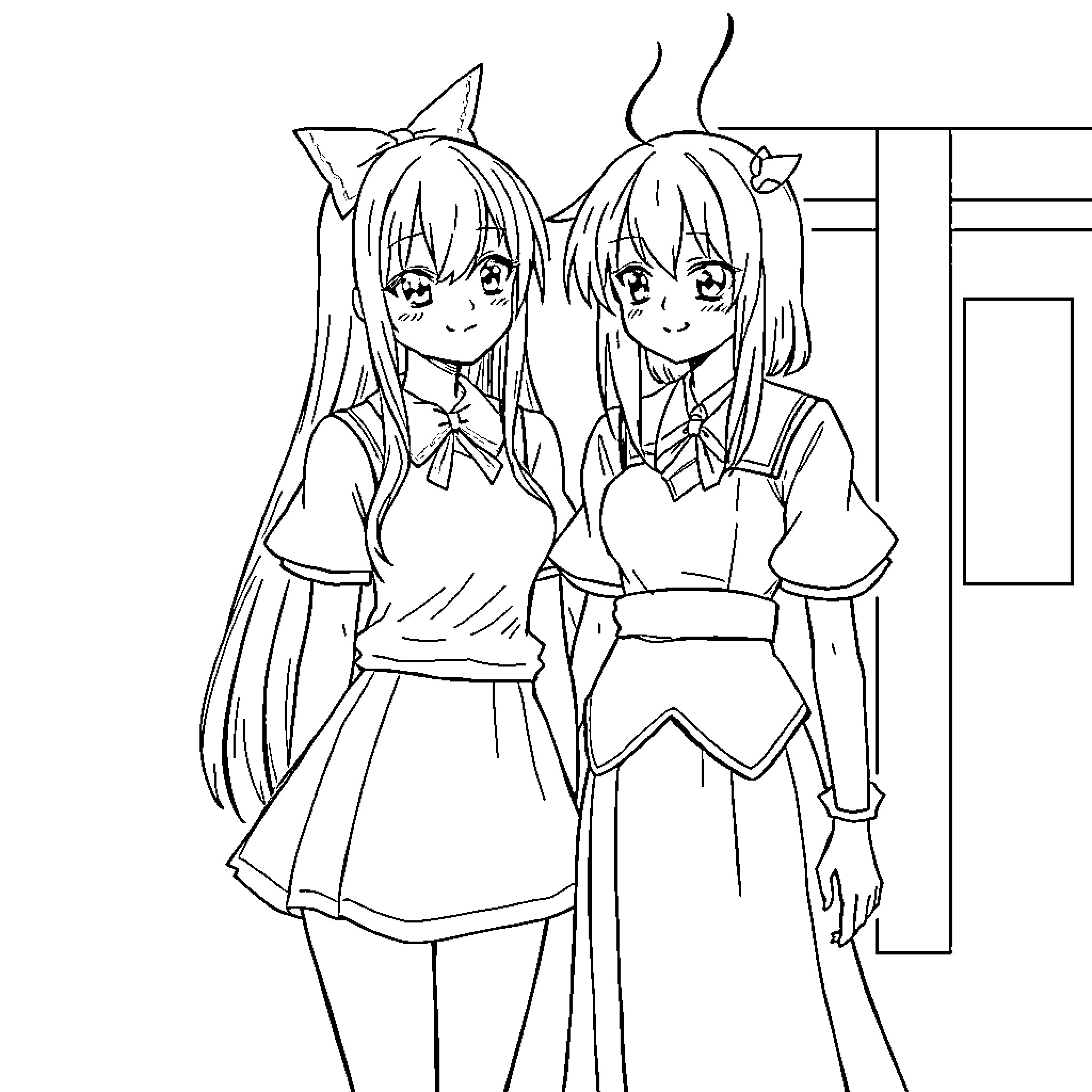 Nesuko's Anime-Style Friends in Casual Outfits Coloring Page (free black-and-white line drawing printable PDF for all, from beginners to advanced learners, including children, teens, adults, and seniors)
