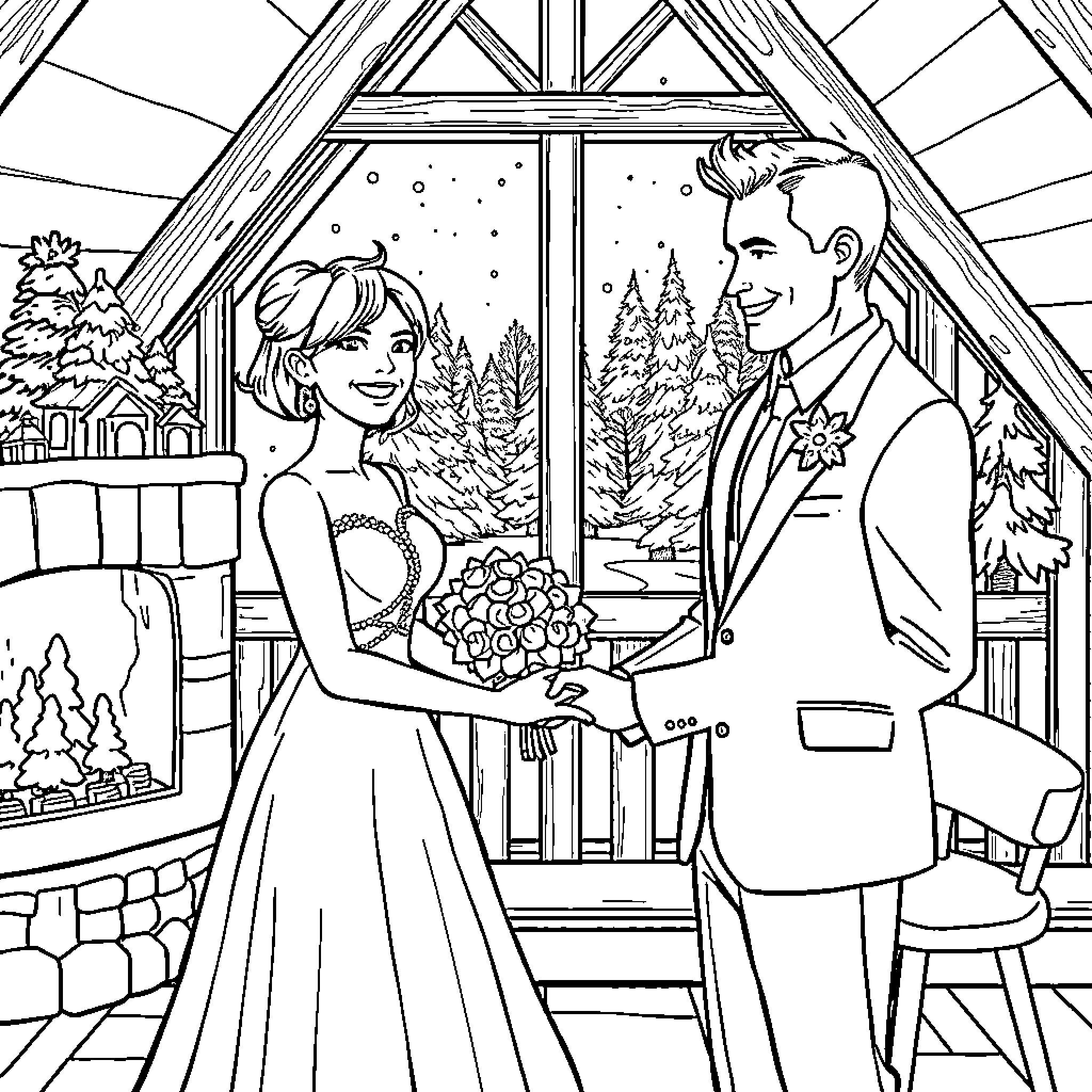 Couple's Romantic Winter Wedding Scene Coloring Page (free black-and-white line drawing printable PDF for all, from beginners to advanced learners, including children, teens, adults, and seniors)