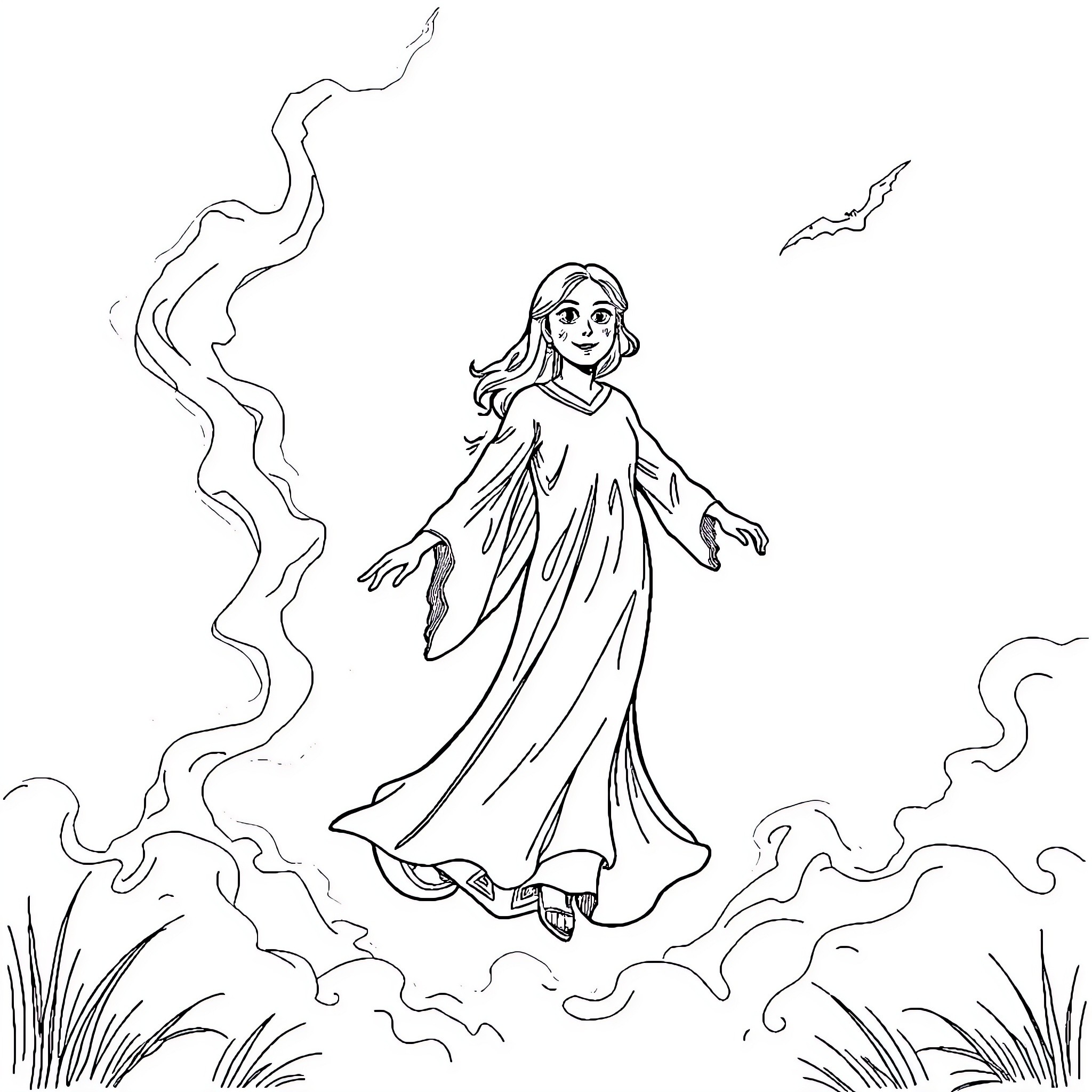 Ghost girl floating in ethereal landscape Coloring Page (free black-and-white line drawing printable PDF for all, from beginners to advanced learners, including children, teens, adults, and seniors)