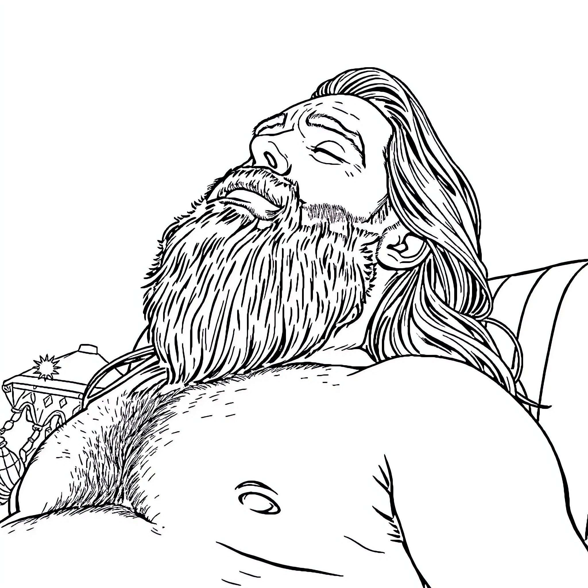 Man resting peacefully with large furry companion Coloring Page (free black-and-white line drawing printable PDF for all, from beginners to advanced learners, including children, teens, adults, and seniors)
