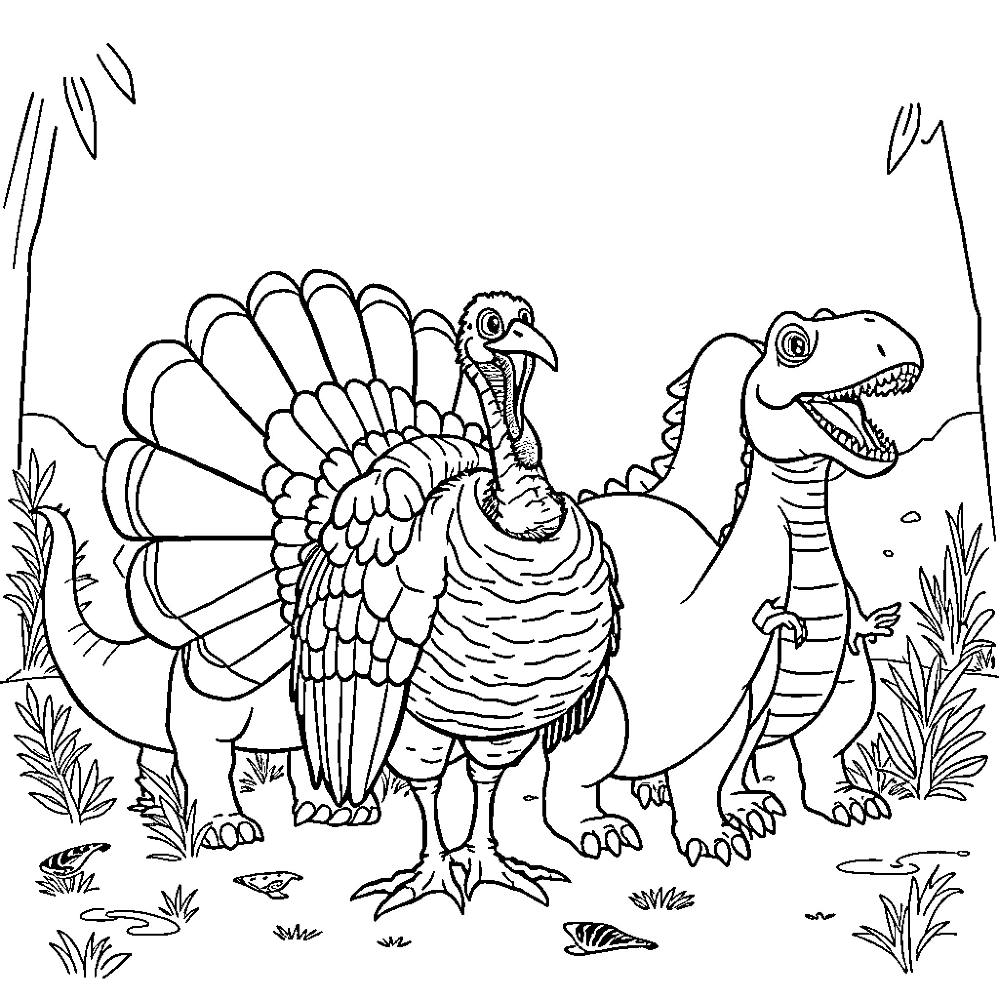 Turkey and Dinosaur in Nature Scene Coloring Page (free black-and-white line drawing printable PDF for all, from beginners to advanced learners, including children, teens, adults, and seniors)