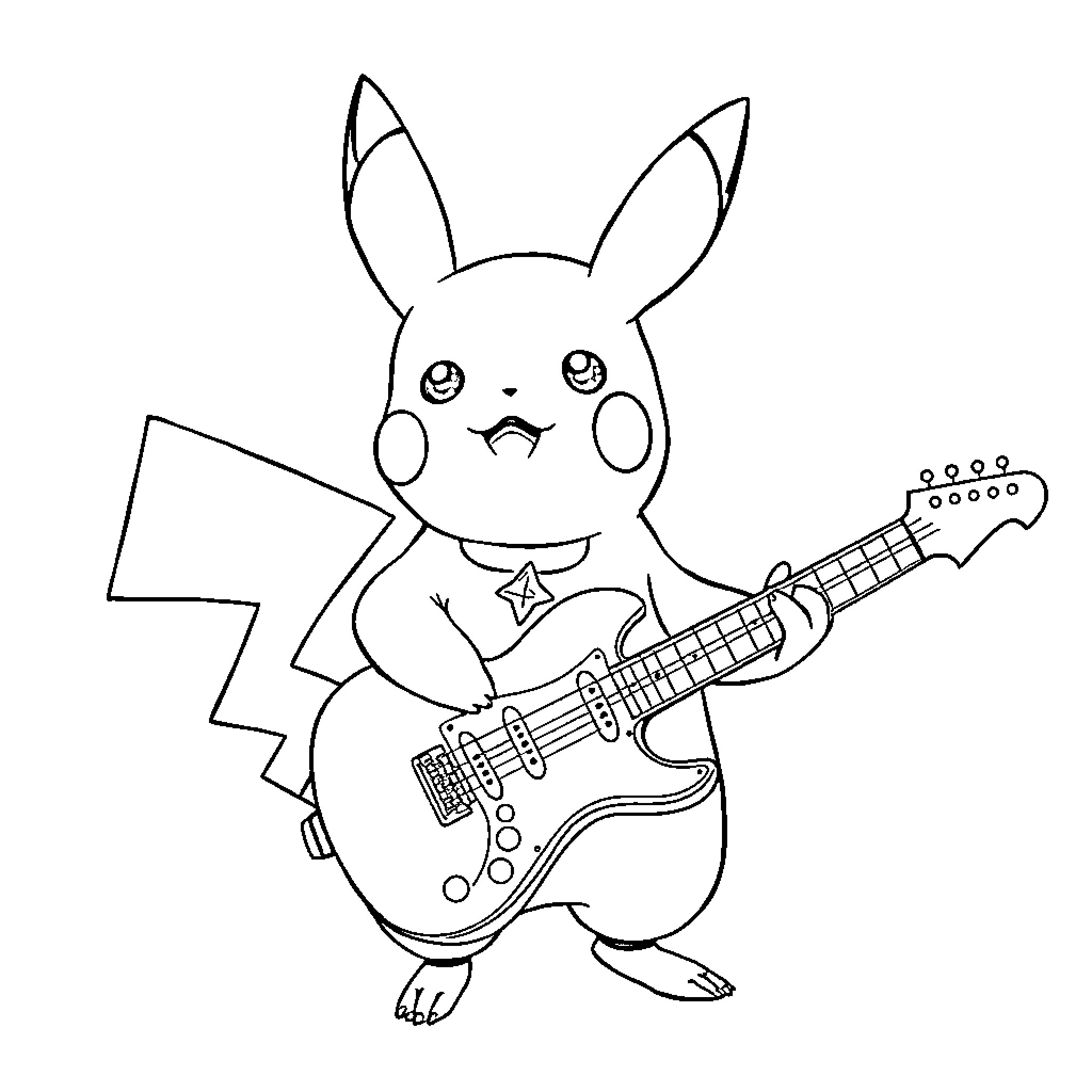 Pikachu playing an electric guitar Coloring Page (free black-and-white line drawing printable PDF for all, from beginners to advanced learners, including children, teens, adults, and seniors)