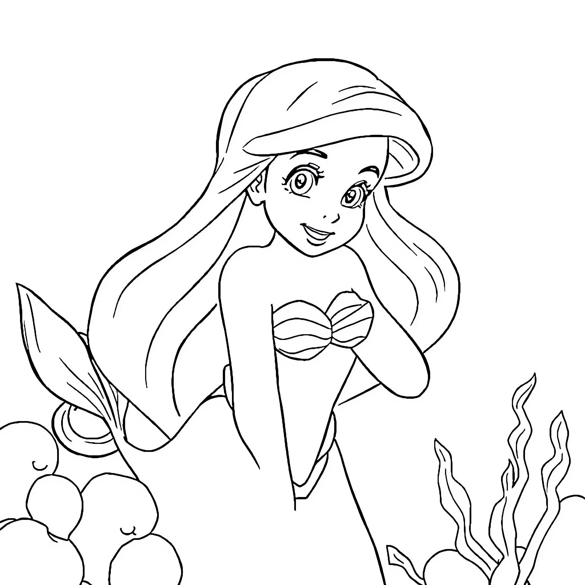Ariel exploring the underwater world Coloring Page (free black-and-white line drawing printable PDF for all, from beginners to advanced learners, including children, teens, adults, and seniors)