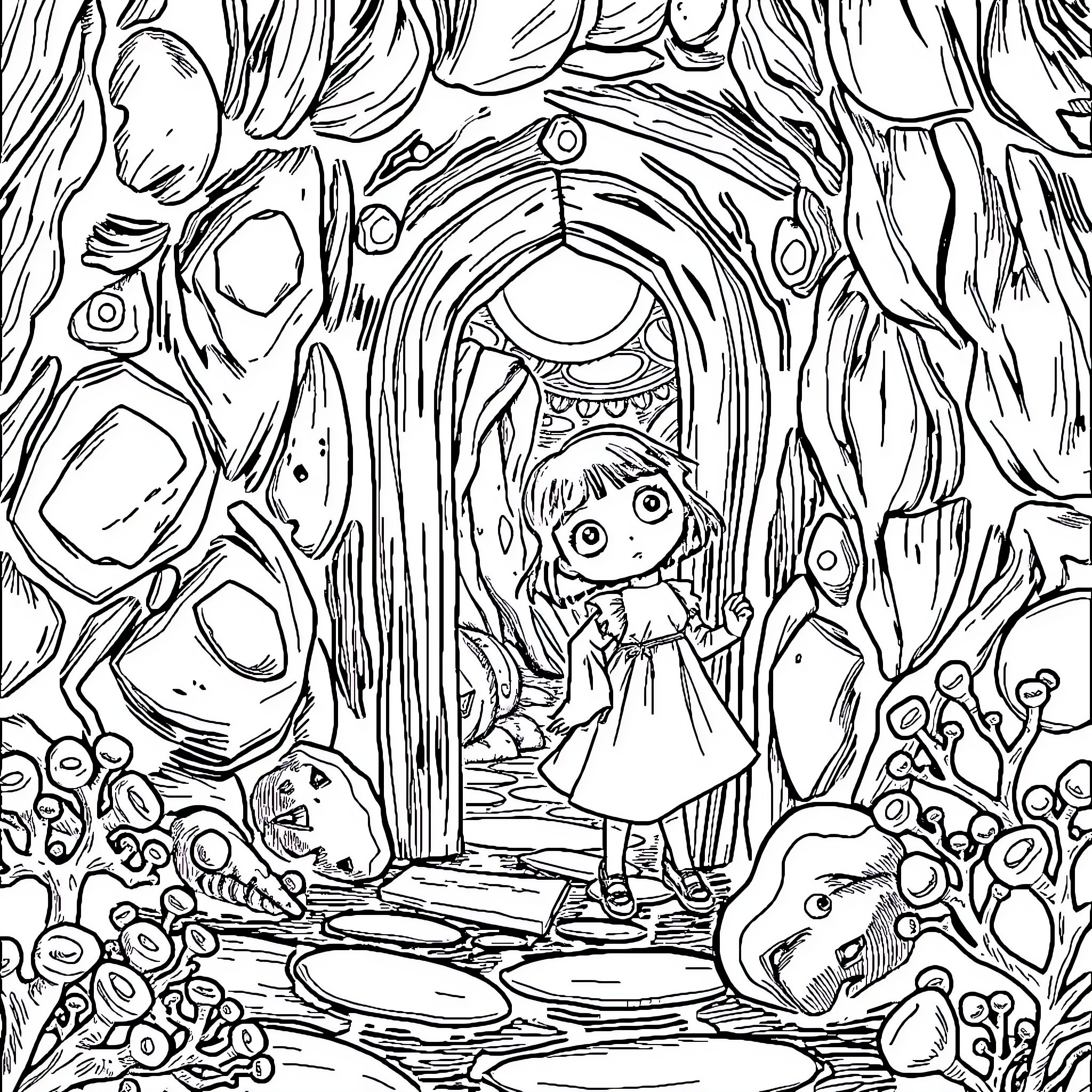 Coraline exploring the mysterious other world Coloring Page (free black-and-white line drawing printable PDF for all, from beginners to advanced learners, including children, teens, adults, and seniors)
