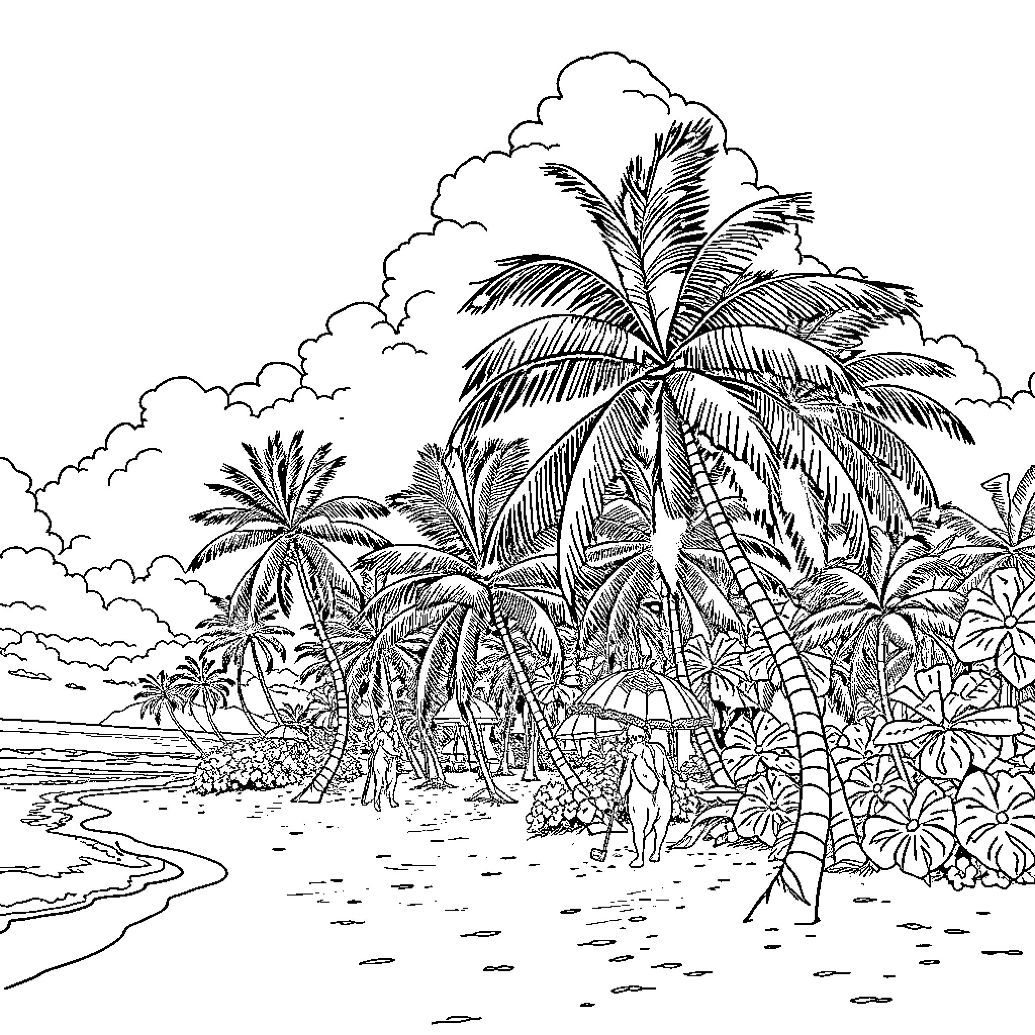 Beach landscape with palm trees and clouds Coloring Page (free black-and-white line drawing printable PDF for all, from beginners to advanced learners, including children, teens, adults, and seniors)
