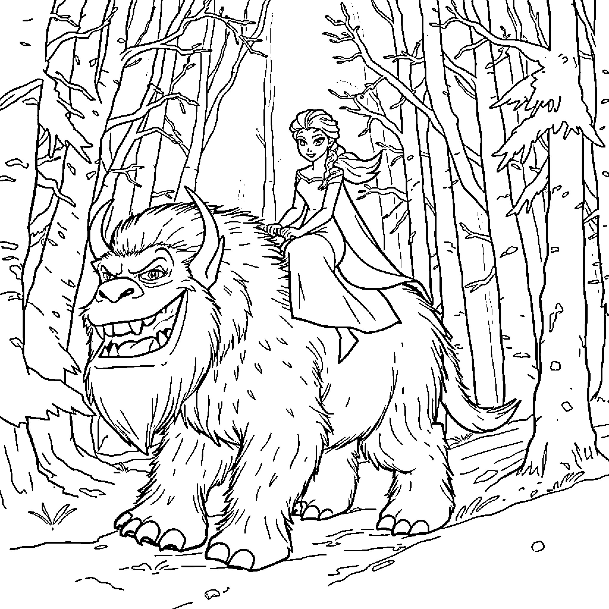 Elsa riding a mysterious beast in the forest Coloring Page (free black-and-white line drawing printable PDF for all, from beginners to advanced learners, including children, teens, adults, and seniors)