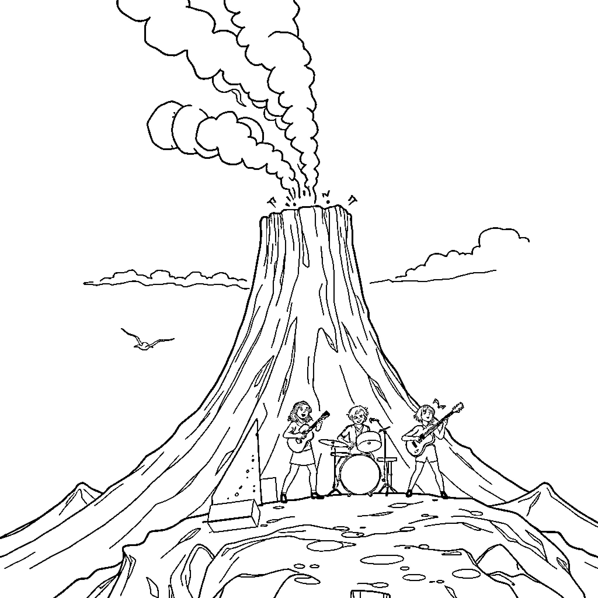Serinette: Musicians performing on a volcanic stage Coloring Page (free black-and-white line drawing printable PDF for all, from beginners to advanced learners, including children, teens, adults, and seniors)