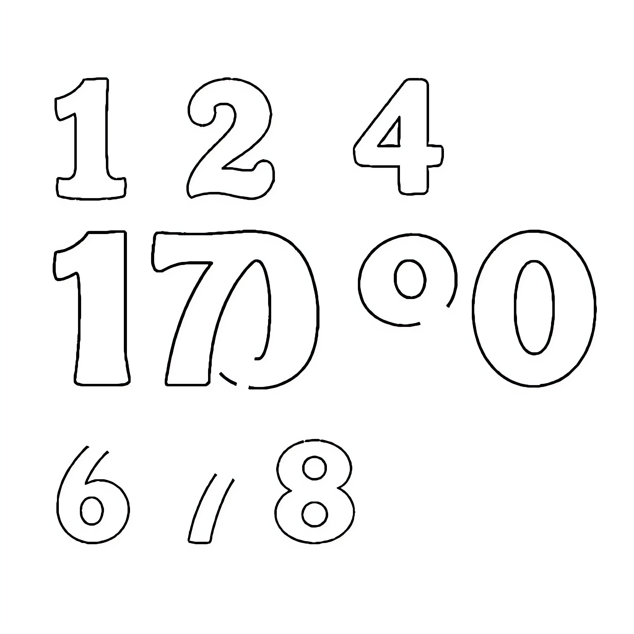 Number Set of Outlined Numeric Symbols Coloring Page (free black-and-white line drawing printable PDF for all, from beginners to advanced learners, including children, teens, adults, and seniors)