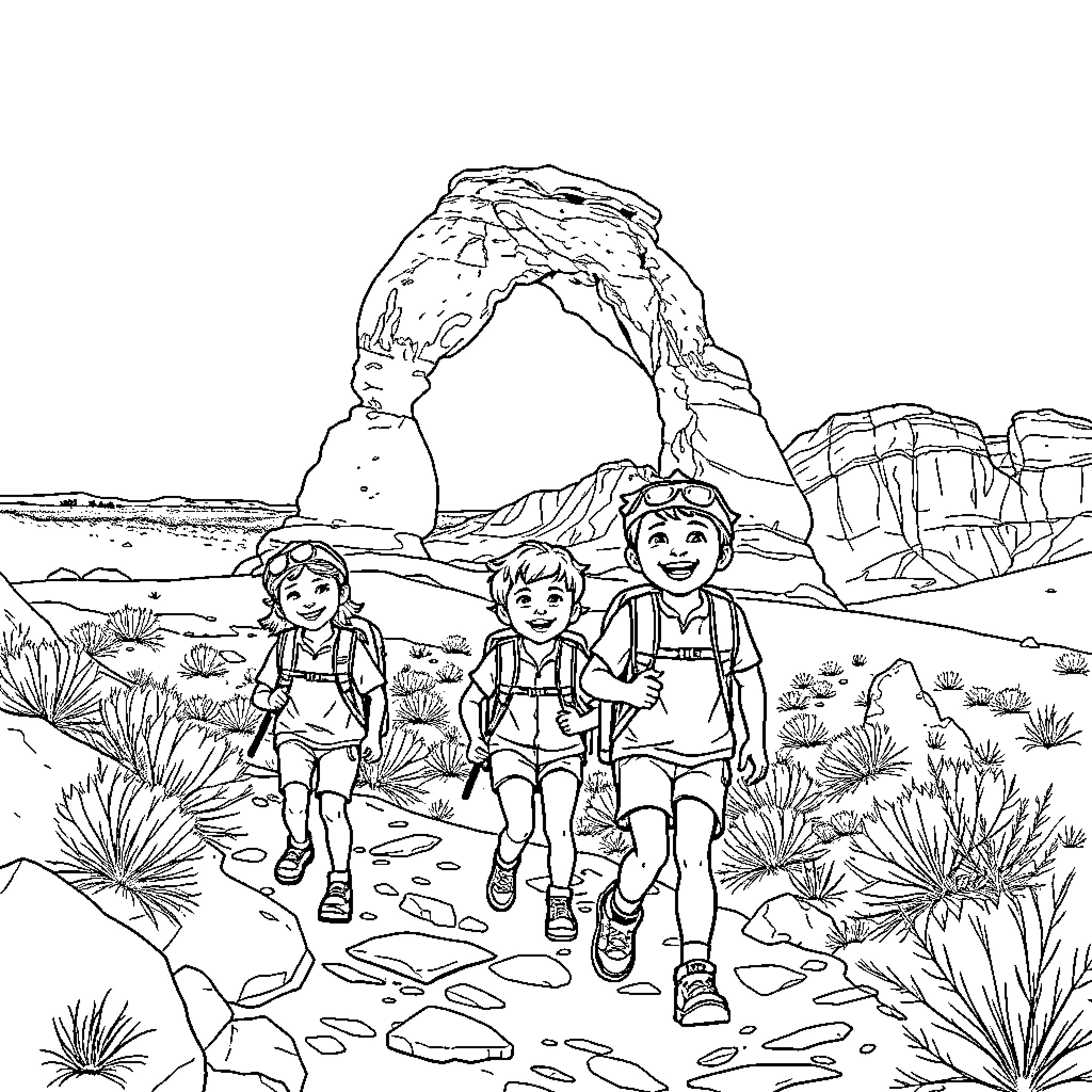 Kids exploring the majestic desert landscape Coloring Page (free black-and-white line drawing printable PDF for all, from beginners to advanced learners, including children, teens, adults, and seniors)