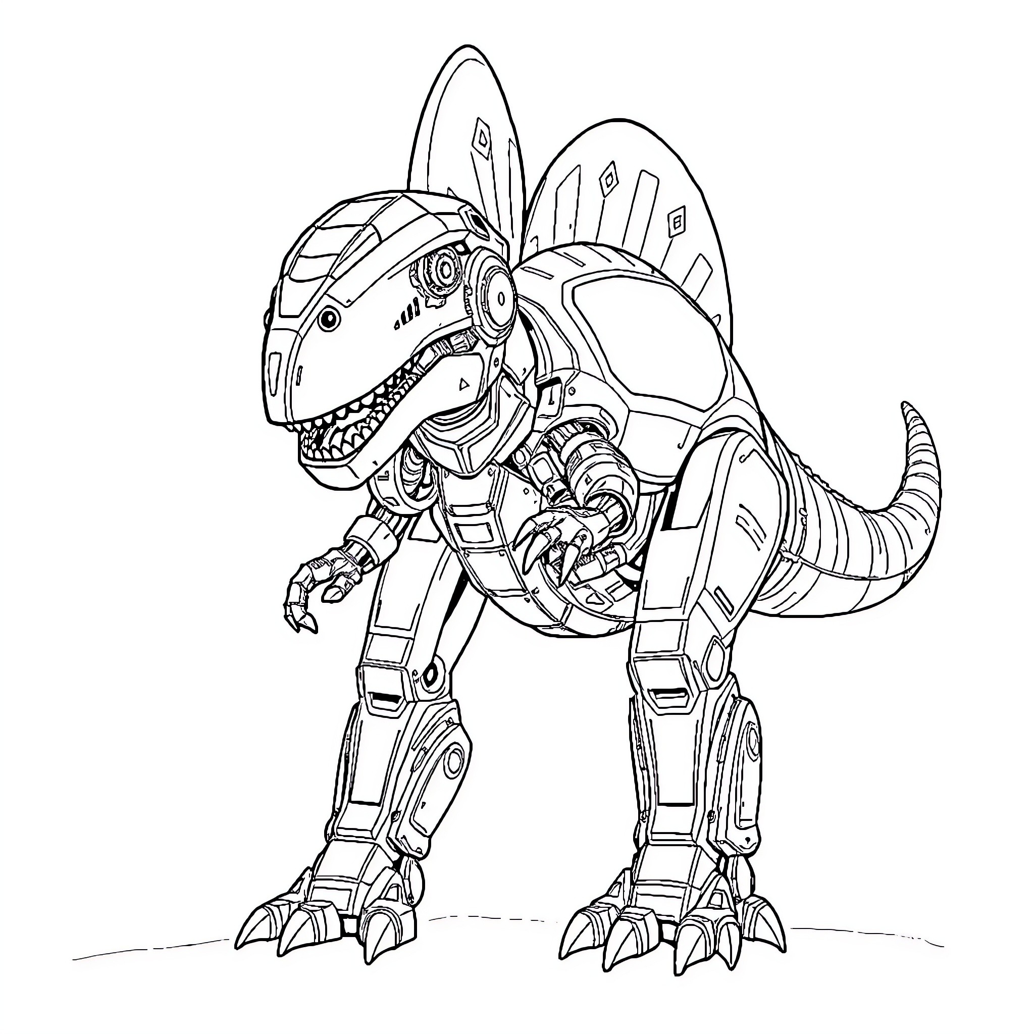Vacasaurio robot dinosaur with futuristic mechanical design Coloring Page (free black-and-white line drawing printable PDF for all, from beginners to advanced learners, including children, teens, adults, and seniors)