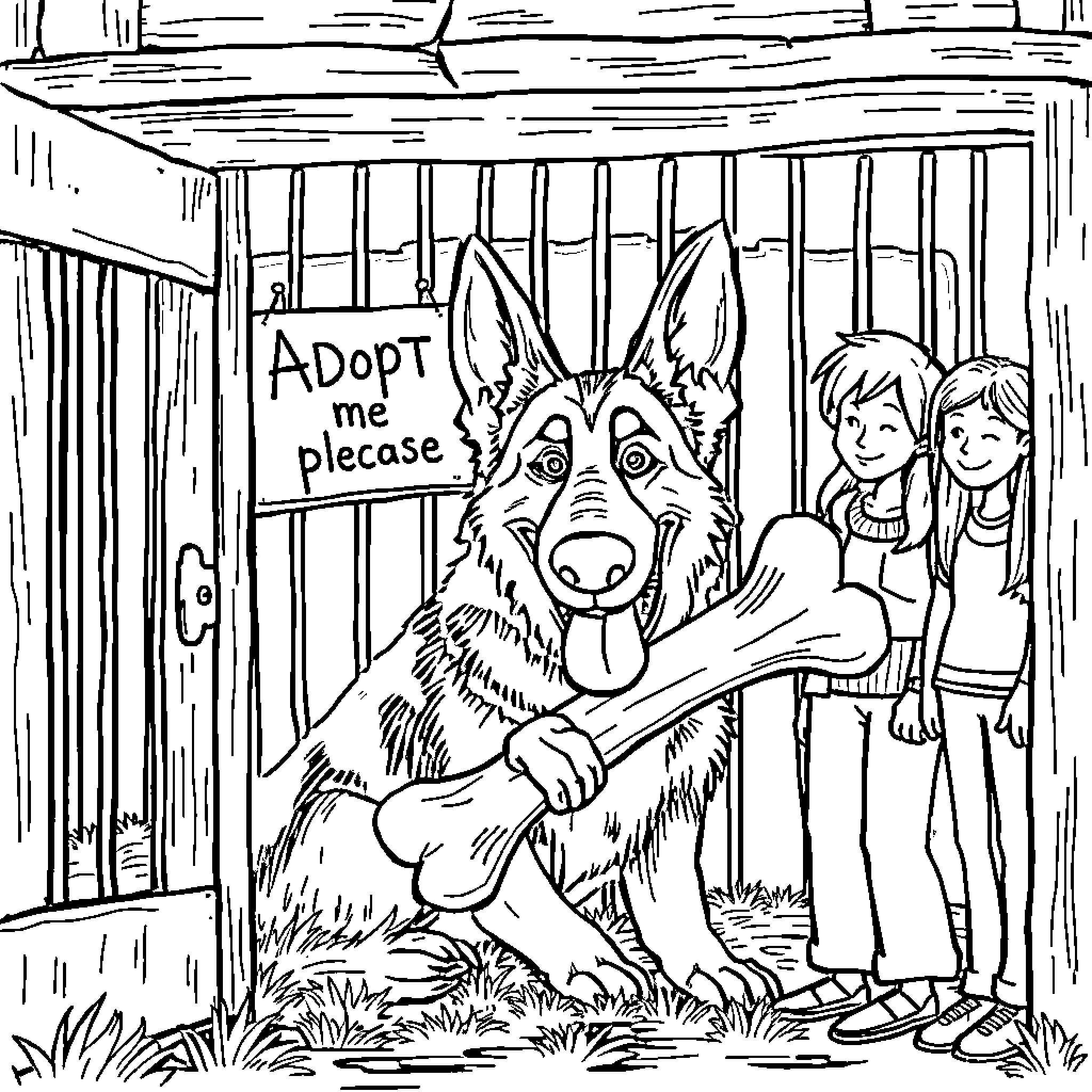 German Shepherd pleading for adoption in shelter Coloring Page (free black-and-white line drawing printable PDF for all, from beginners to advanced learners, including children, teens, adults, and seniors)