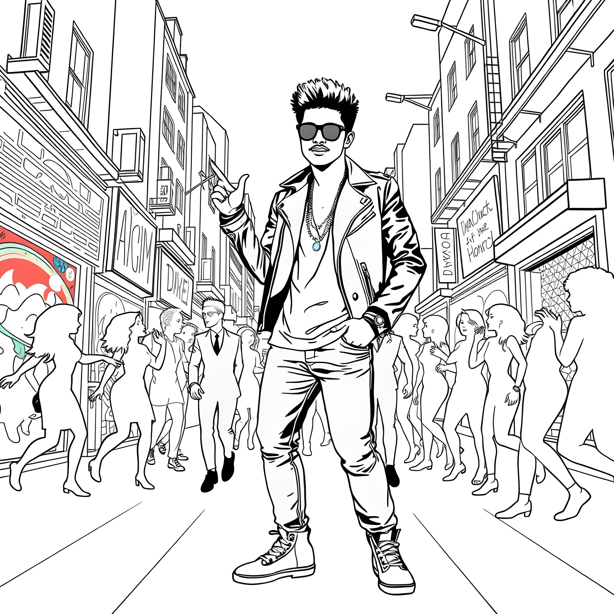 Bruno Mars strutting confidently through the city streets Coloring Page (free black-and-white line drawing printable PDF for all, from beginners to advanced learners, including children, teens, adults, and seniors)