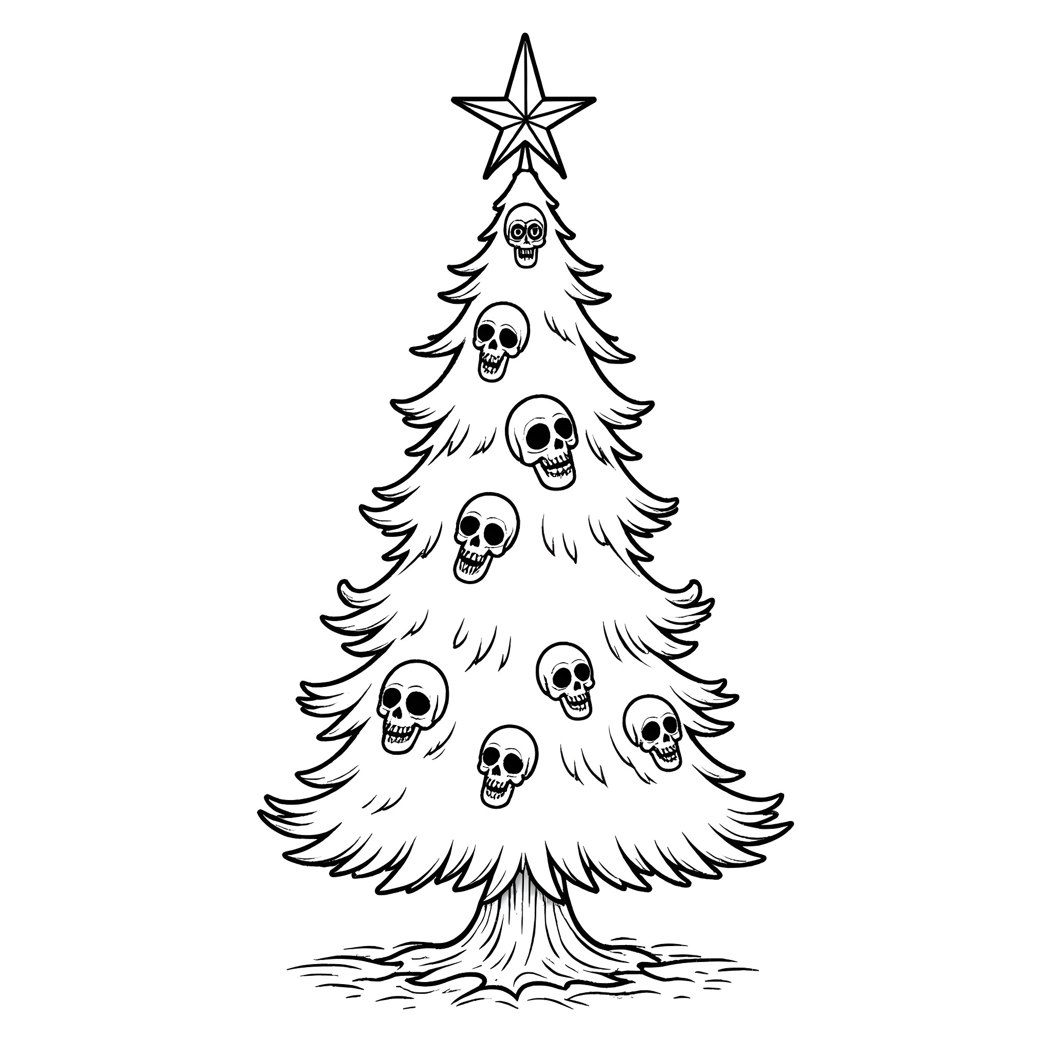 Christmas Tree with Spooky Skulls Coloring Page (free black-and-white line drawing printable PDF for all, from beginners to advanced learners, including children, teens, adults, and seniors)