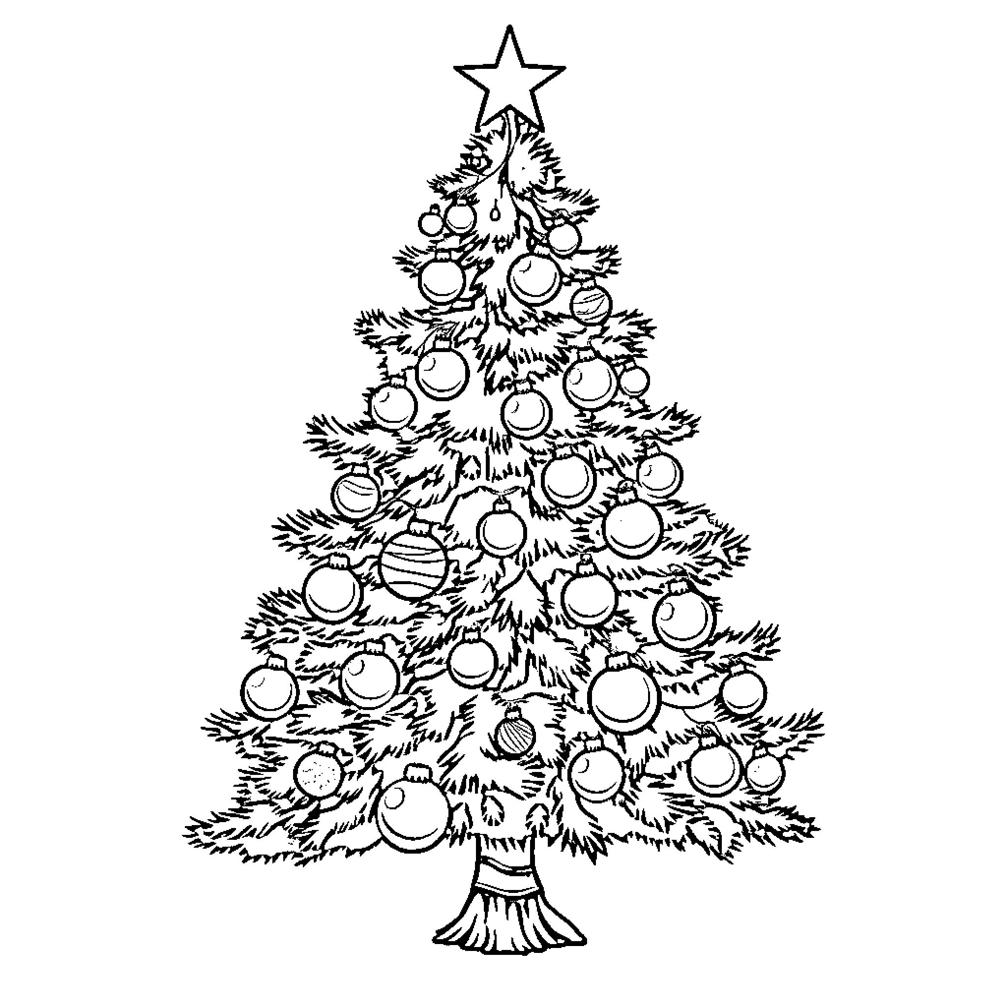 Tree decorated with Christmas ornaments Coloring Page (free black-and-white line drawing printable PDF for all, from beginners to advanced learners, including children, teens, adults, and seniors)