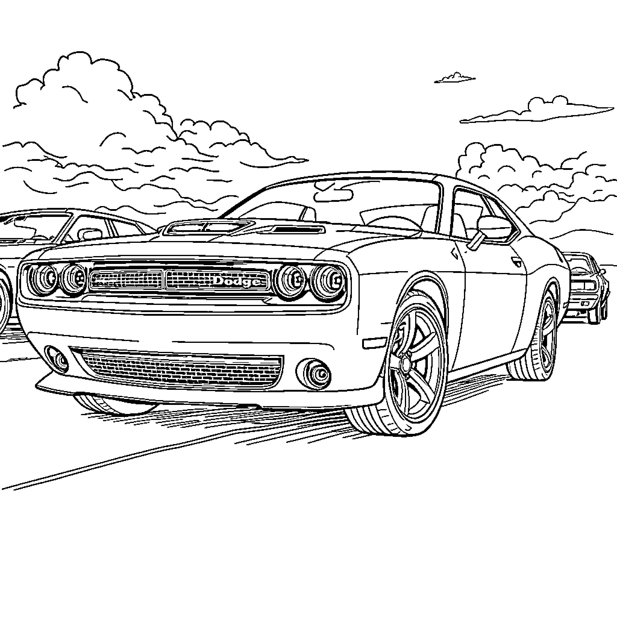 Dodge Muscle Cars Racing on the Road Coloring Page (free black-and-white line drawing printable PDF for all, from beginners to advanced learners, including children, teens, adults, and seniors)