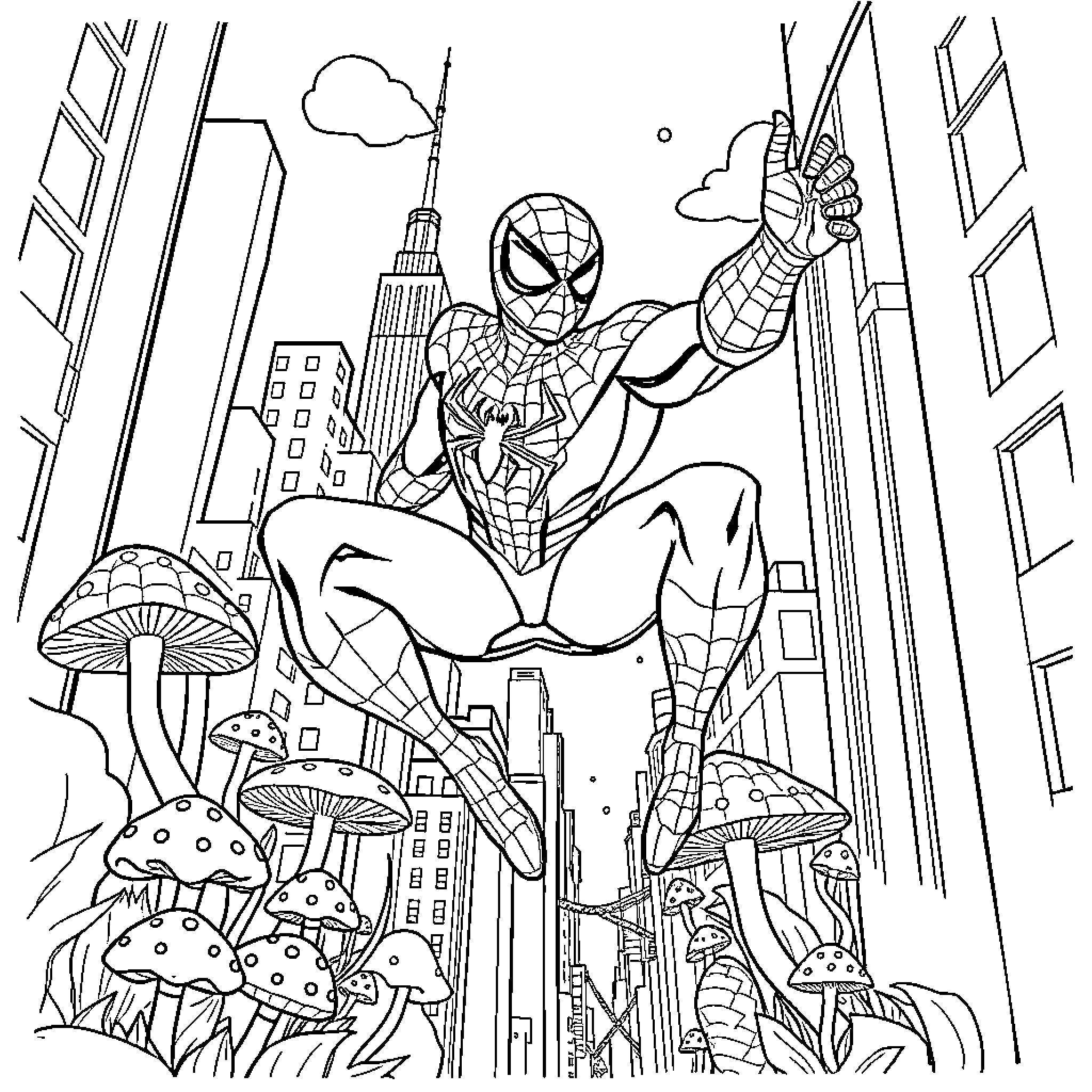 Spiderman swinging through the city with mushrooms Coloring Page (free black-and-white line drawing printable PDF for all, from beginners to advanced learners, including children, teens, adults, and seniors)