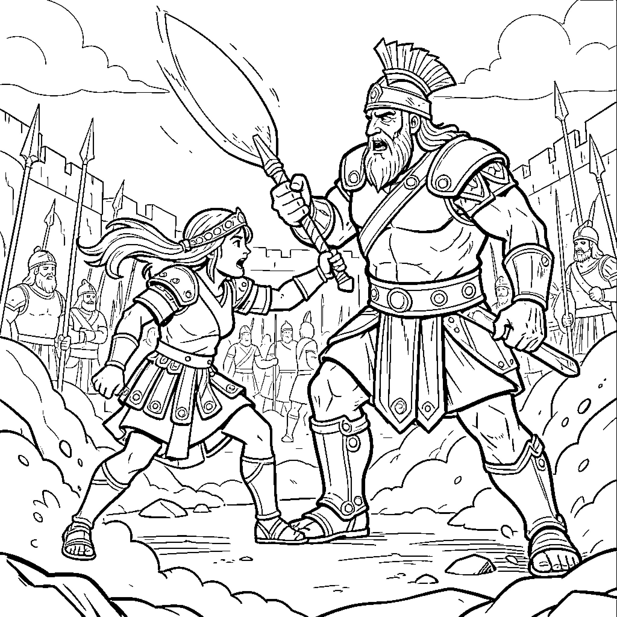 David facing a giant warrior in an ancient battle Coloring Page (free black-and-white line drawing printable PDF for all, from beginners to advanced learners, including children, teens, adults, and seniors)
