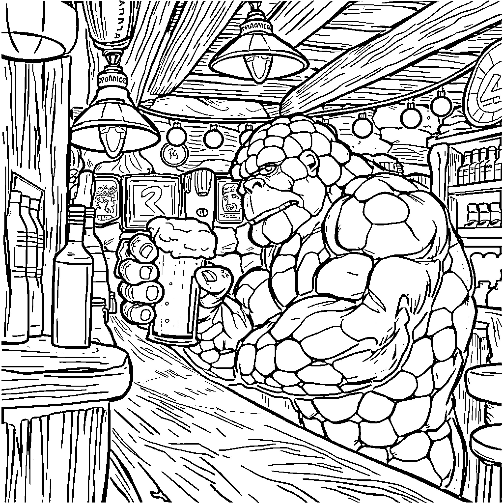 Thing in Bizarre Bar Scene Coloring Page (free black-and-white line drawing printable PDF for all, from beginners to advanced learners, including children, teens, adults, and seniors)