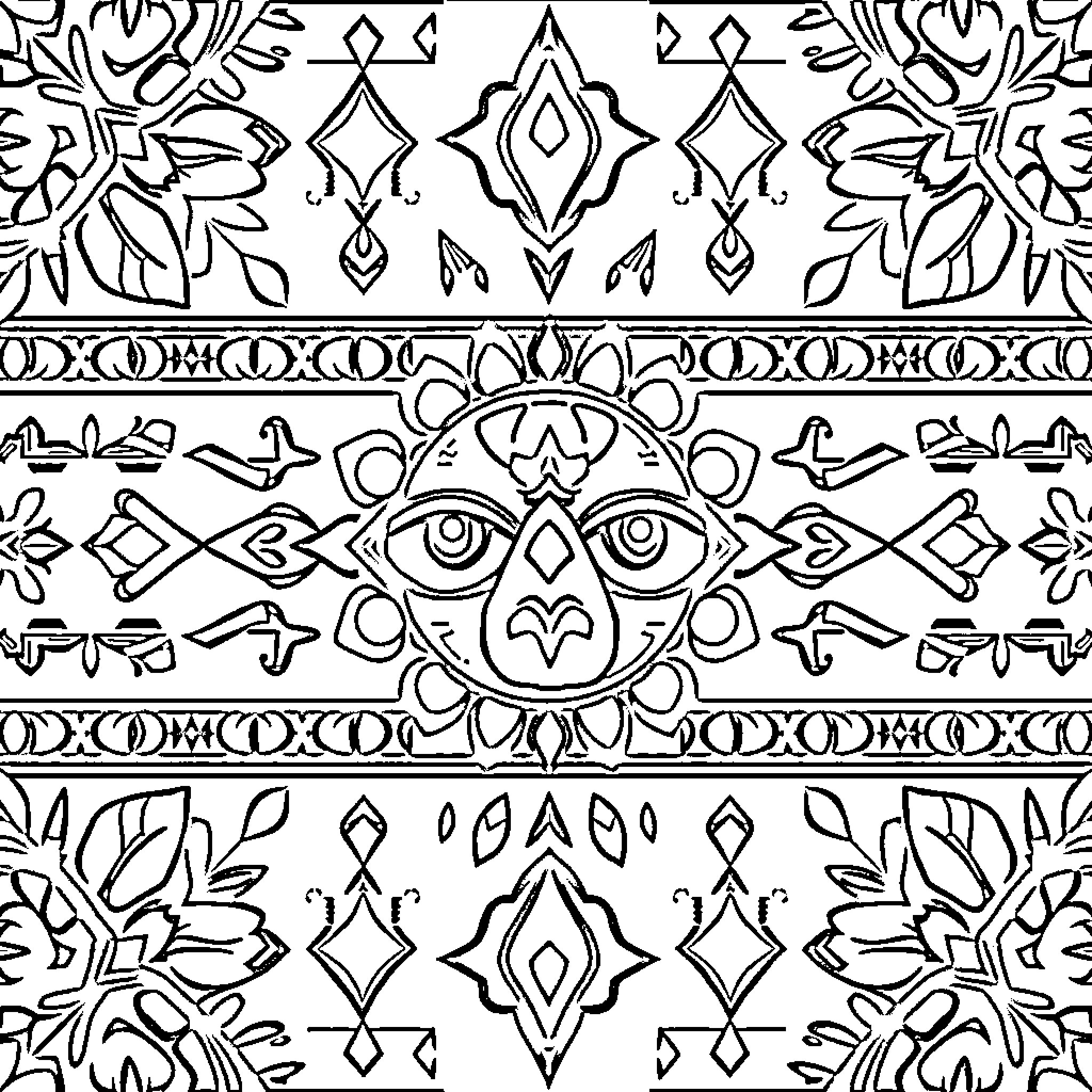 Pattern of Mystical Symbols and Designs Coloring Page (free black-and-white line drawing printable PDF for all, from beginners to advanced learners, including children, teens, adults, and seniors)