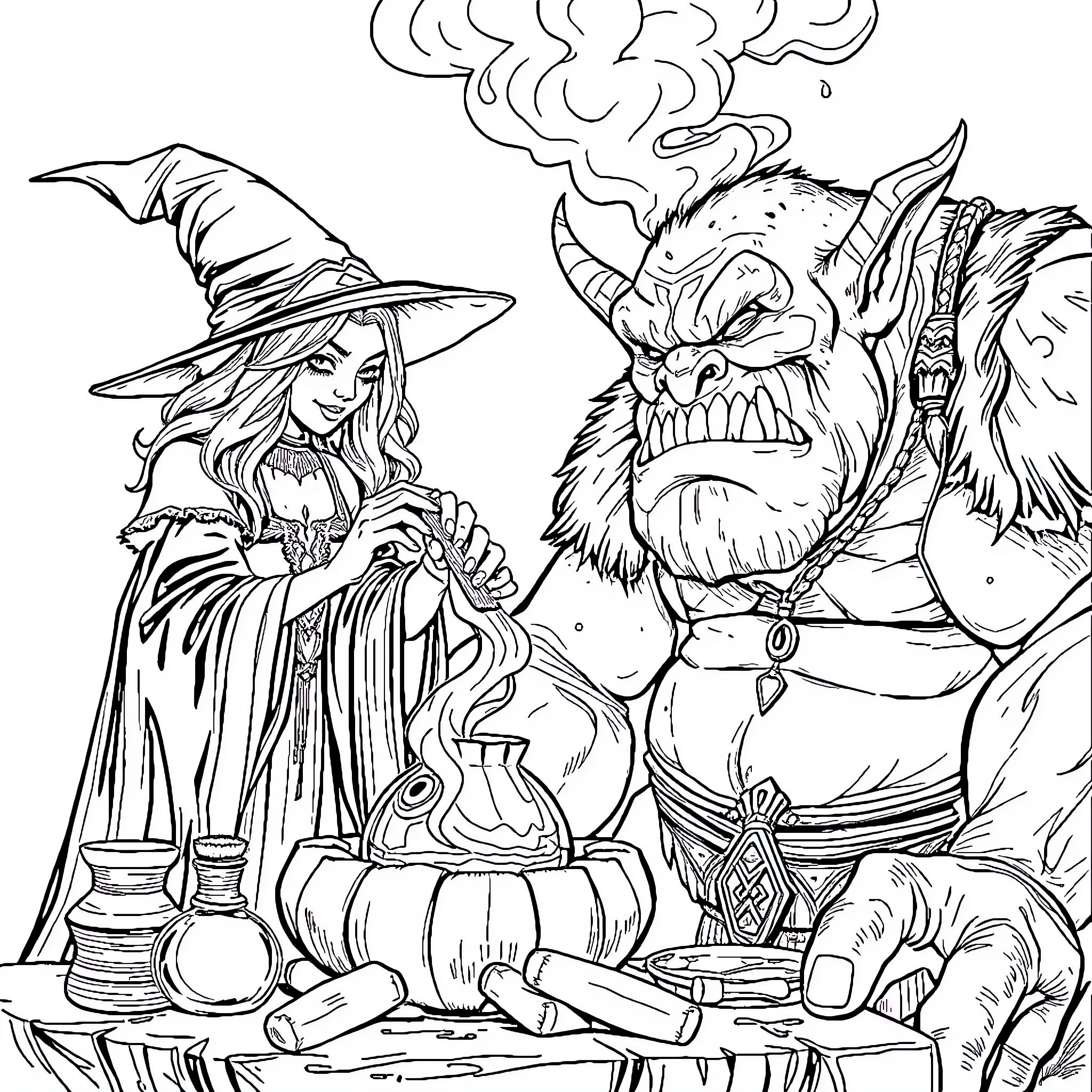 Sorceress Brewing Potions with Monstrous Companion Coloring Page (free black-and-white line drawing printable PDF for all, from beginners to advanced learners, including children, teens, adults, and seniors)