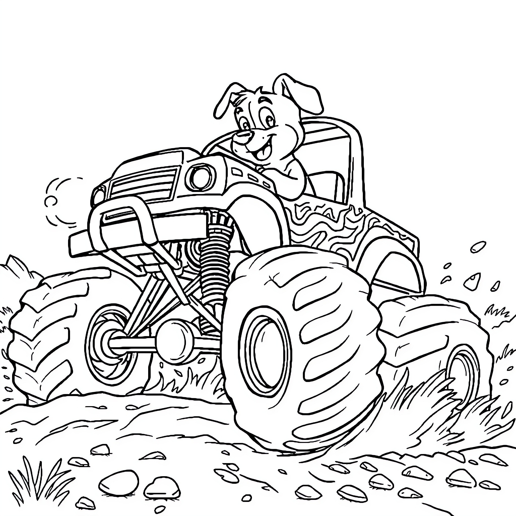 Monster Truck Carrying Happy Animal Driver Coloring Page (free black-and-white line drawing printable PDF for all, from beginners to advanced learners, including children, teens, adults, and seniors)