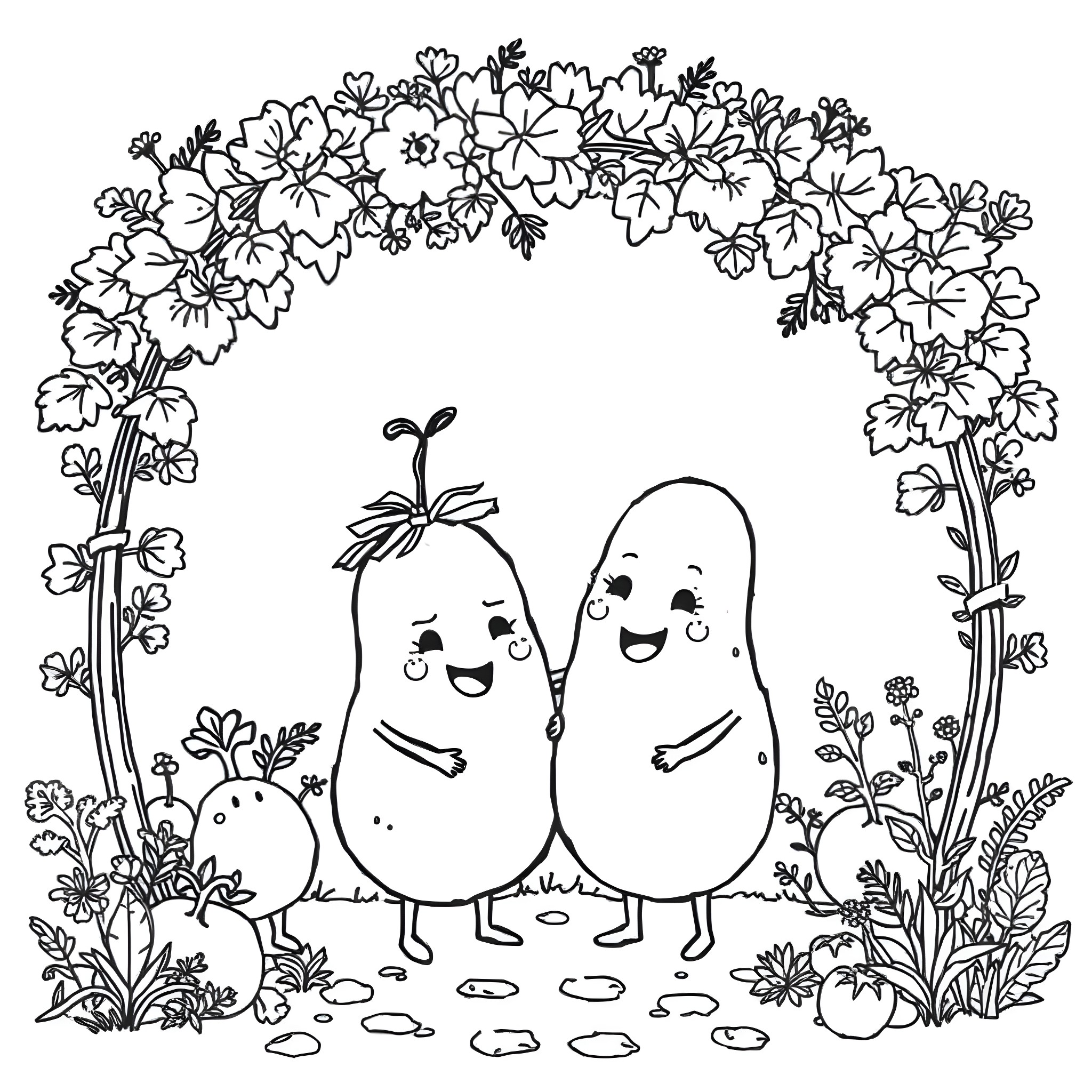 Potato friends enjoying flowers in garden Coloring Page (free black-and-white line drawing printable PDF for all, from beginners to advanced learners, including children, teens, adults, and seniors)