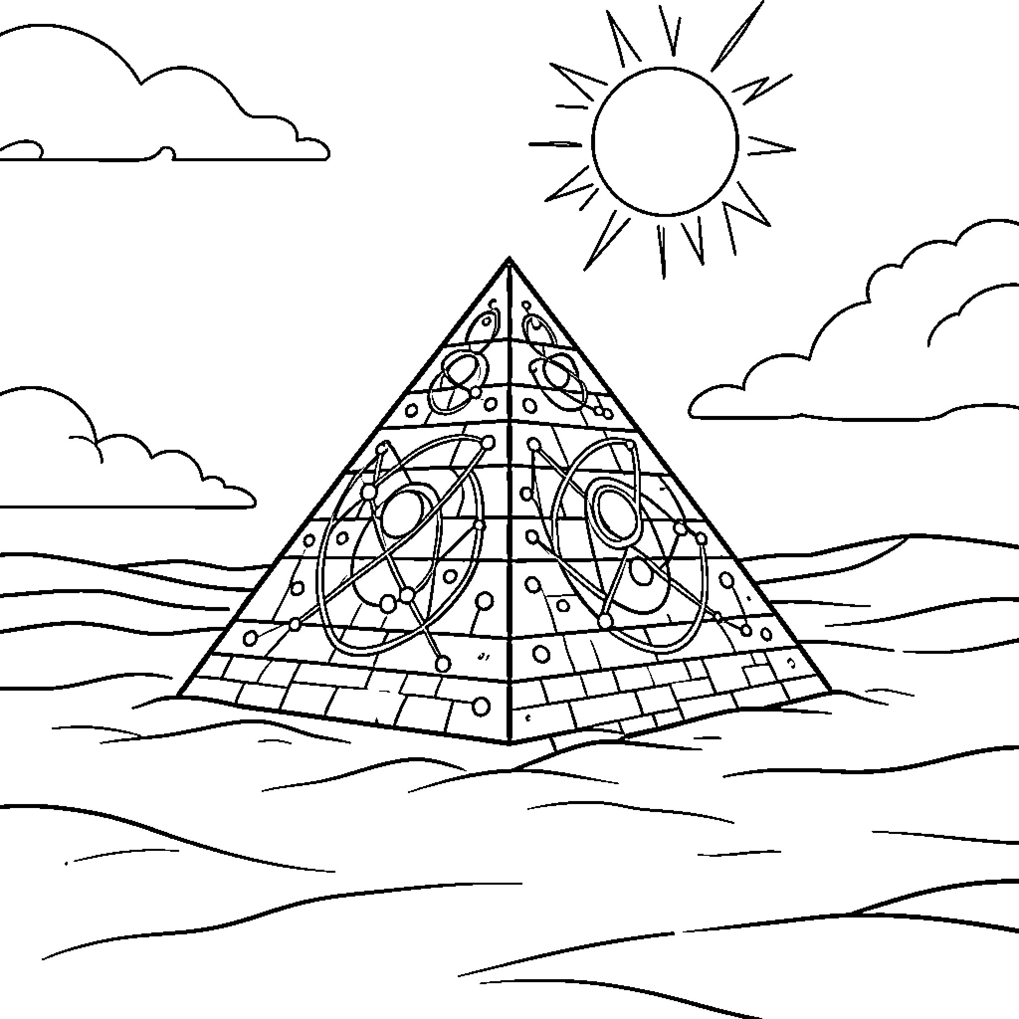 Pyramid standing under a bright sun in the desert Coloring Page (free black-and-white line drawing printable PDF for all, from beginners to advanced learners, including children, teens, adults, and seniors)