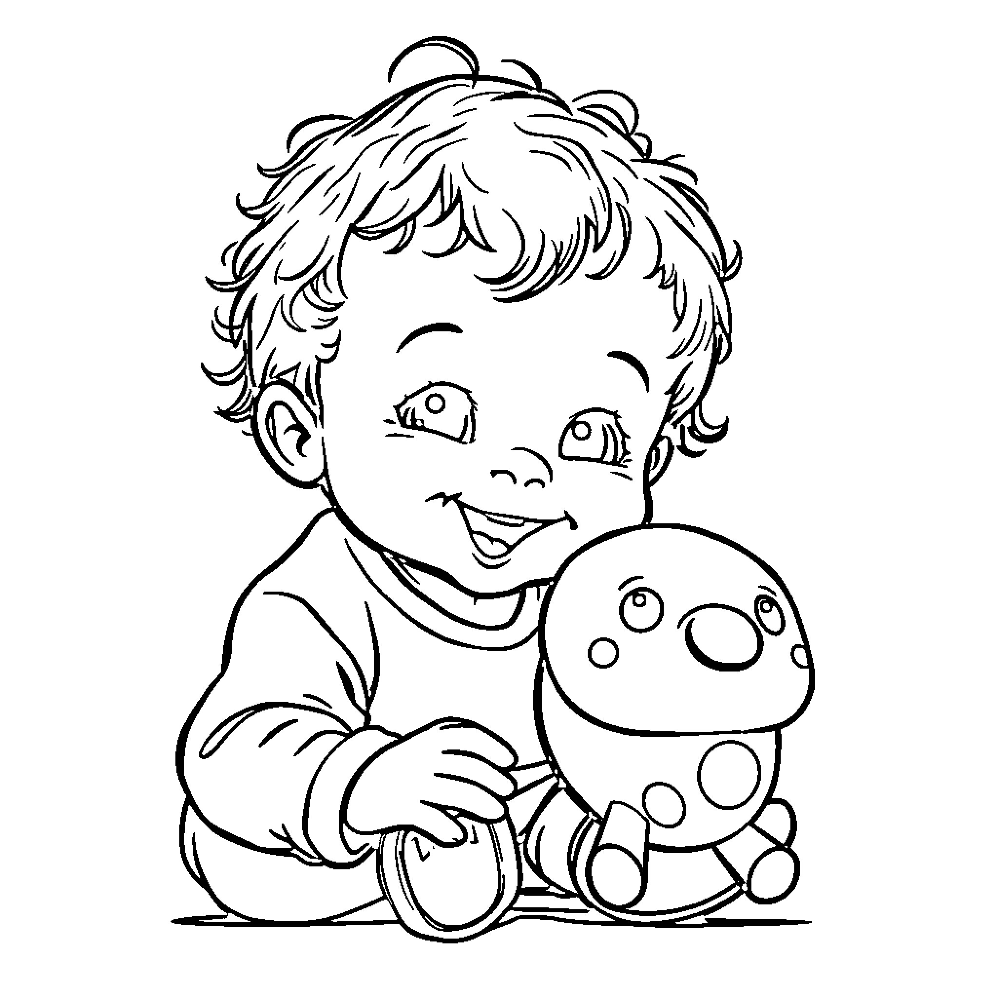Child playing with polka dot toy Coloring Page (free black-and-white line drawing printable PDF for all, from beginners to advanced learners, including children, teens, adults, and seniors)