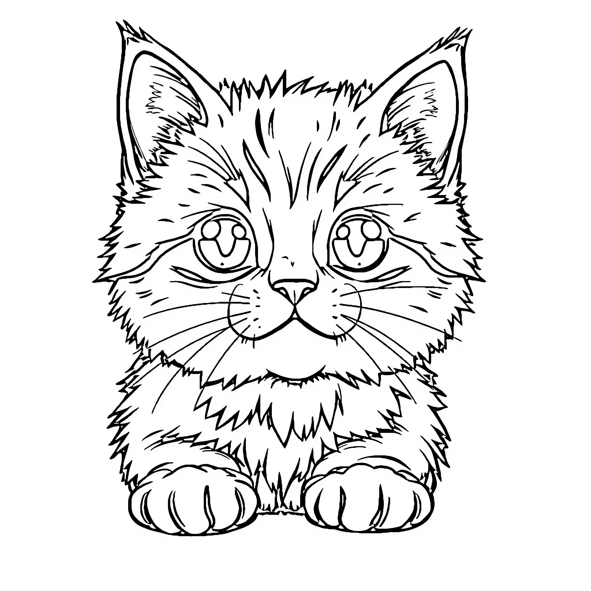 Cat with big eyes and fluffy fur Coloring Page (free black-and-white line drawing printable PDF for all, from beginners to advanced learners, including children, teens, adults, and seniors)