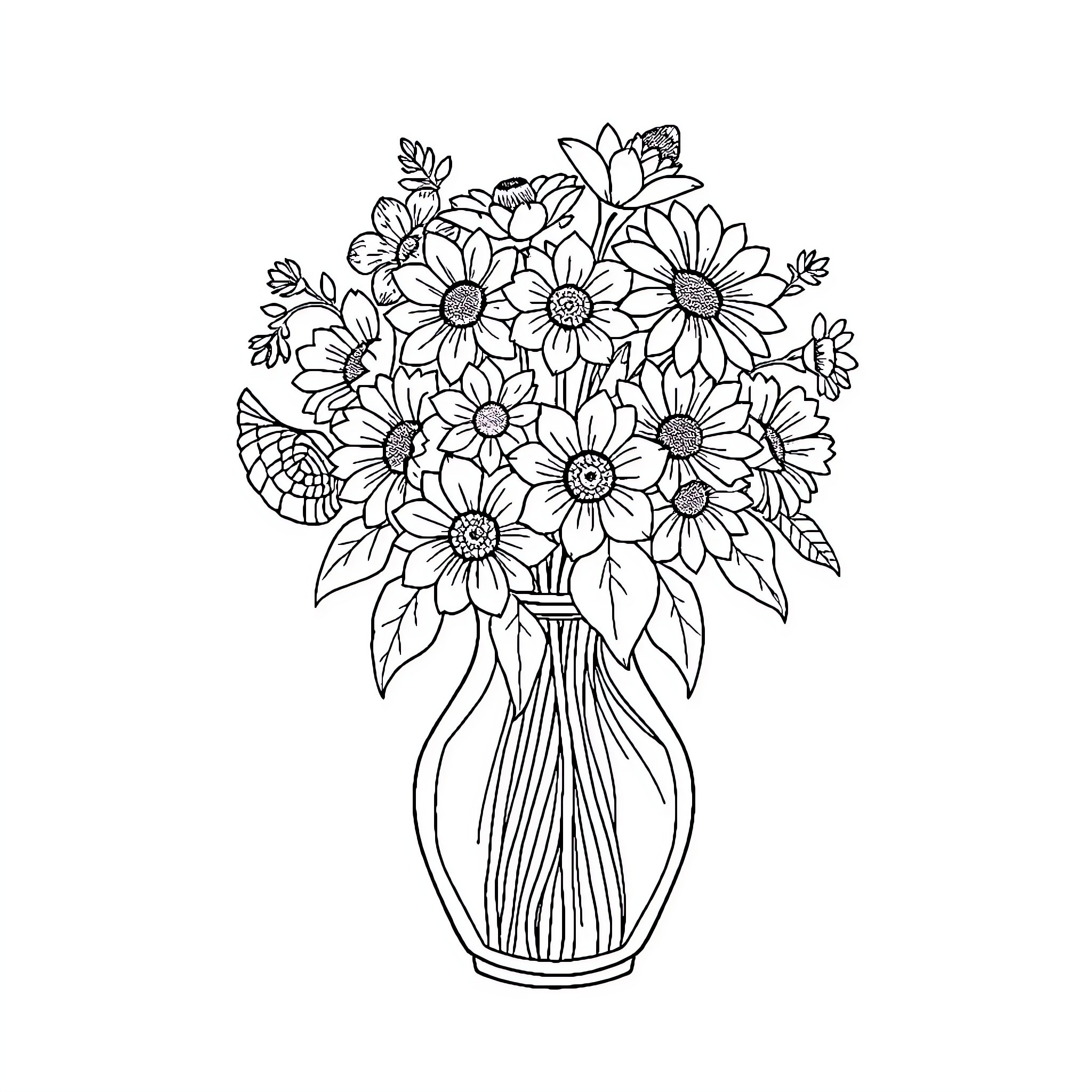 Vase of blooming flowers in a bouquet Coloring Page (free black-and-white line drawing printable PDF for all, from beginners to advanced learners, including children, teens, adults, and seniors)