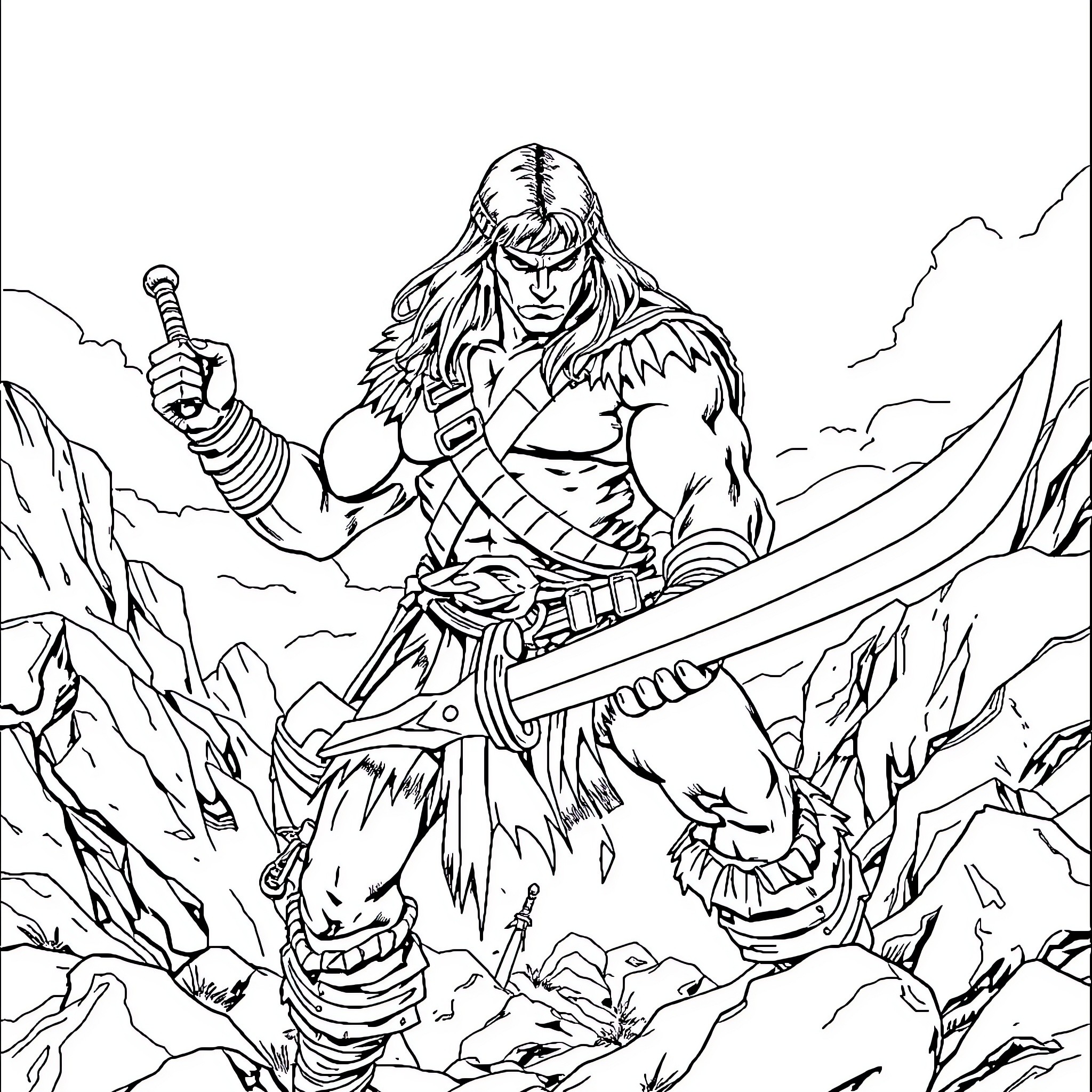Conan the Barbarian wielding sword in rugged terrain Coloring Page (free black-and-white line drawing printable PDF for all, from beginners to advanced learners, including children, teens, adults, and seniors)