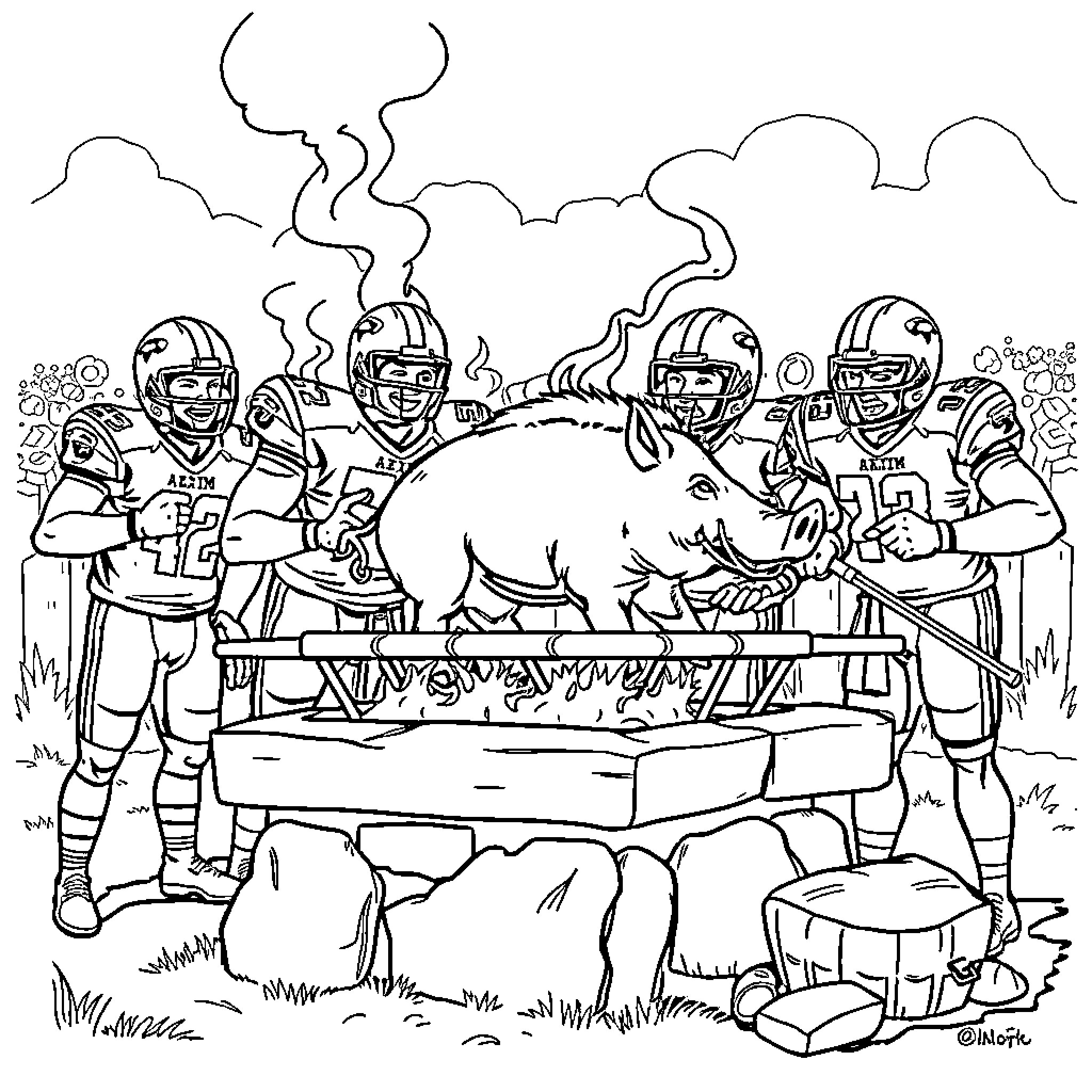 Football players celebrating a victory on the field Coloring Page (free black-and-white line drawing printable PDF for all, from beginners to advanced learners, including children, teens, adults, and seniors)