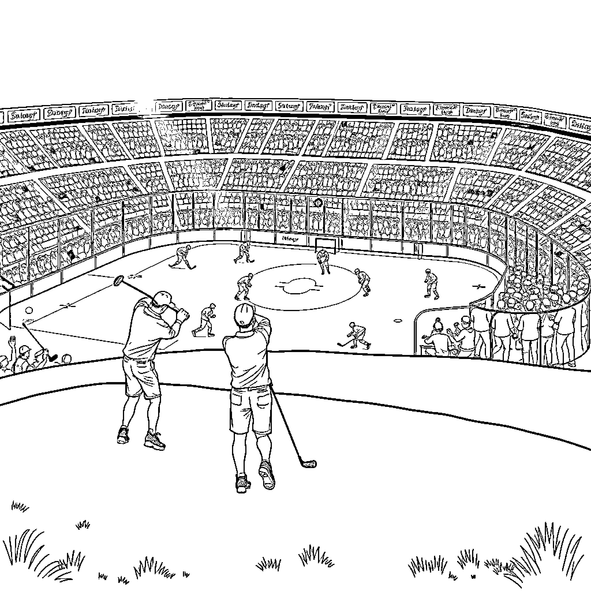 Golf match at a crowded stadium Coloring Page (free black-and-white line drawing printable PDF for all, from beginners to advanced learners, including children, teens, adults, and seniors)
