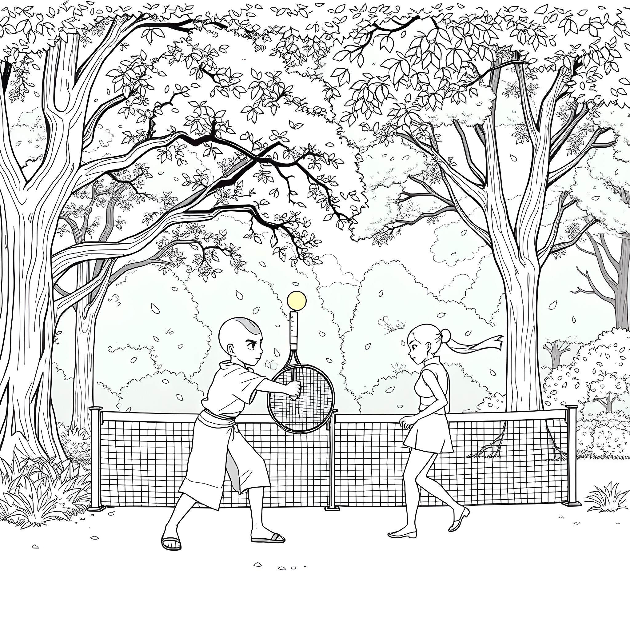Aang and friend playing tennis in the forest Coloring Page (free black-and-white line drawing printable PDF for all, from beginners to advanced learners, including children, teens, adults, and seniors)